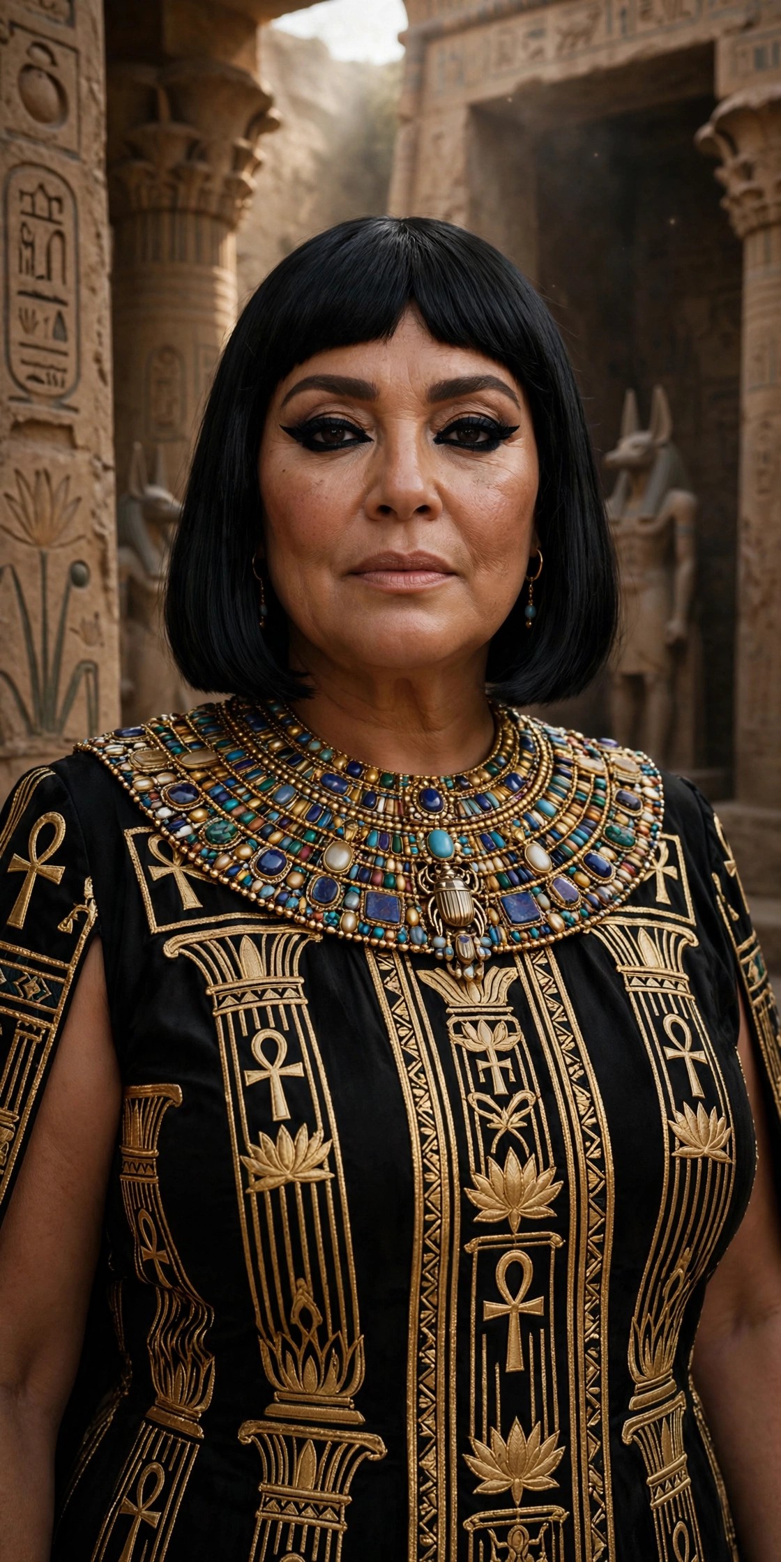 Plus-size woman over 50 in gold and black Egyptian-style gown as Cleopatra Halloween costume