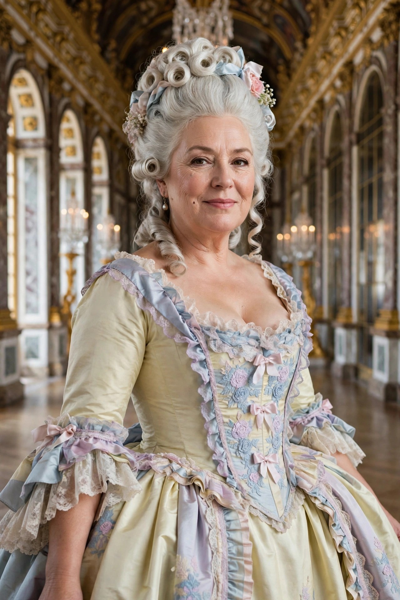 Plus-size woman over 50 in pastel 18th-century style gown as Marie Antoinette Halloween costume