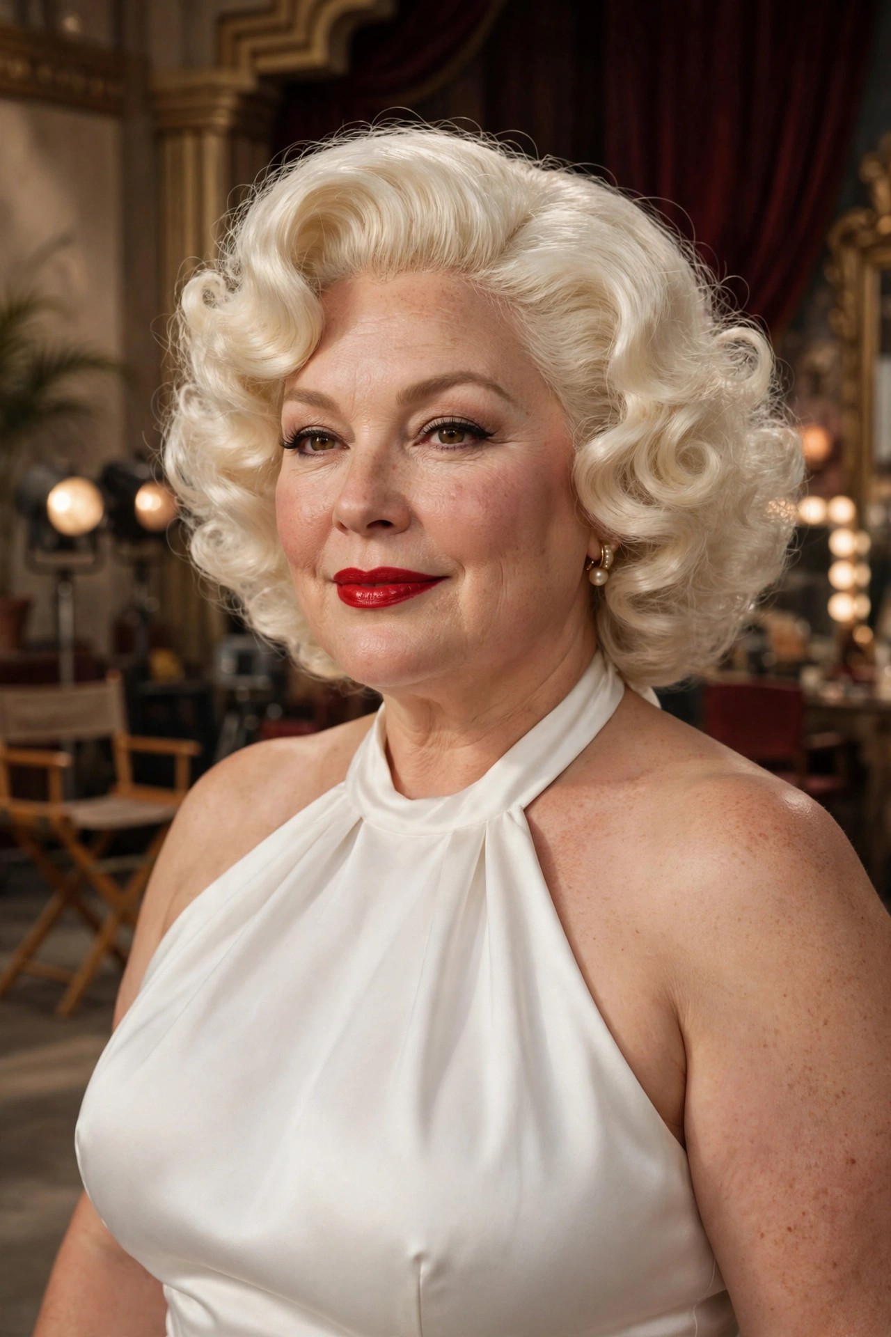 Plus-size woman over 50 in white halter dress as Marilyn Monroe Halloween costume