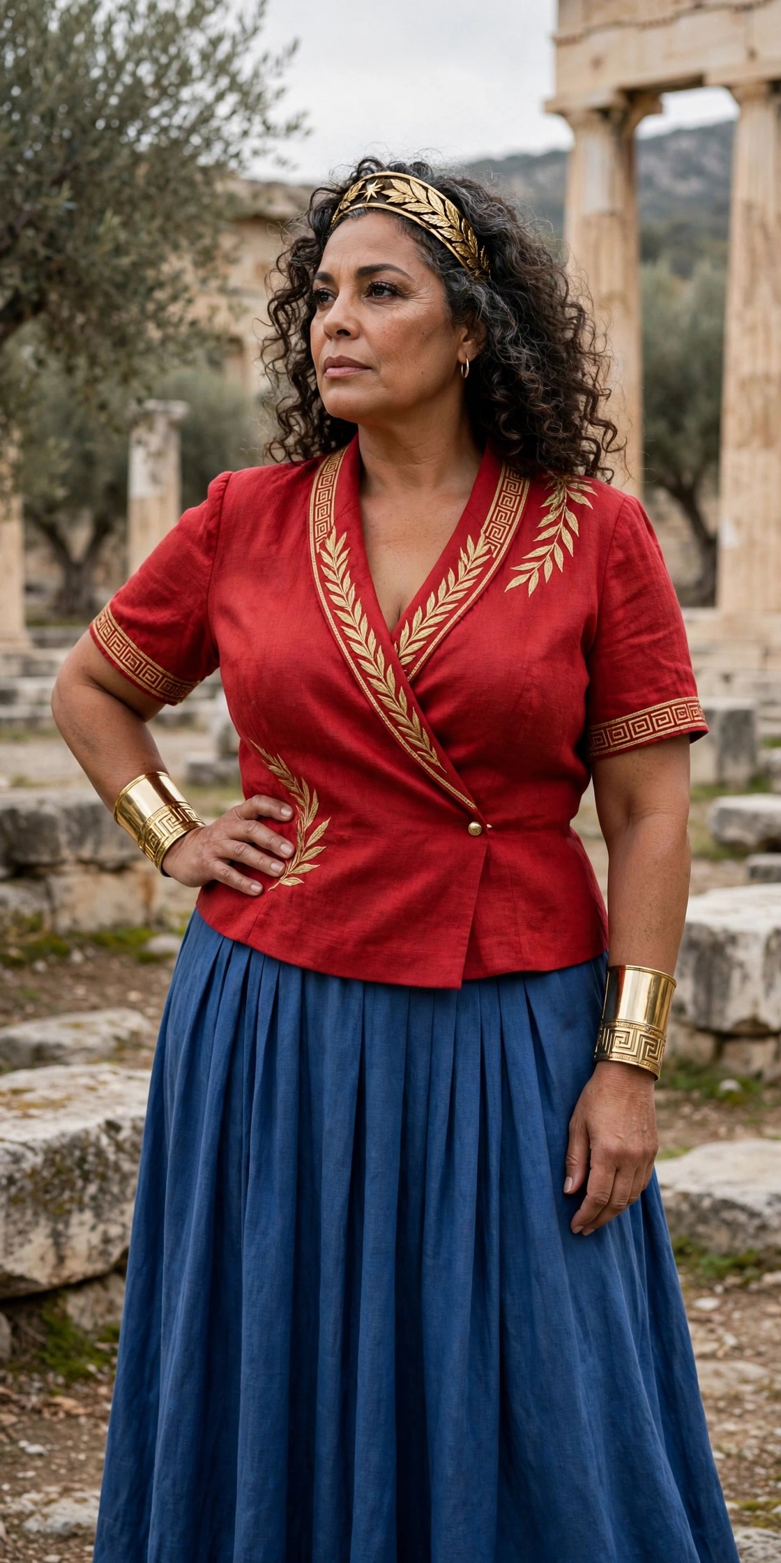 Plus-size woman over 50 in Wonder Woman inspired costume with gold headband and cuffs