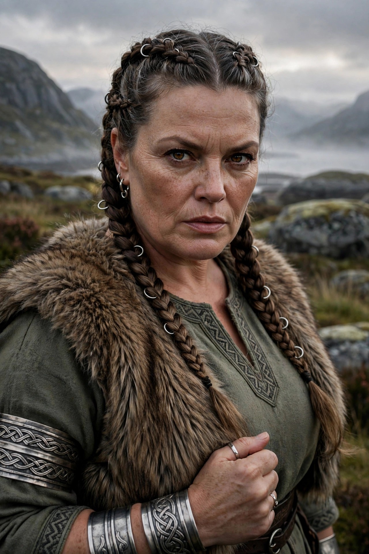 Plus-size woman over 50 in faux fur and braids as Viking shieldmaiden Halloween costume