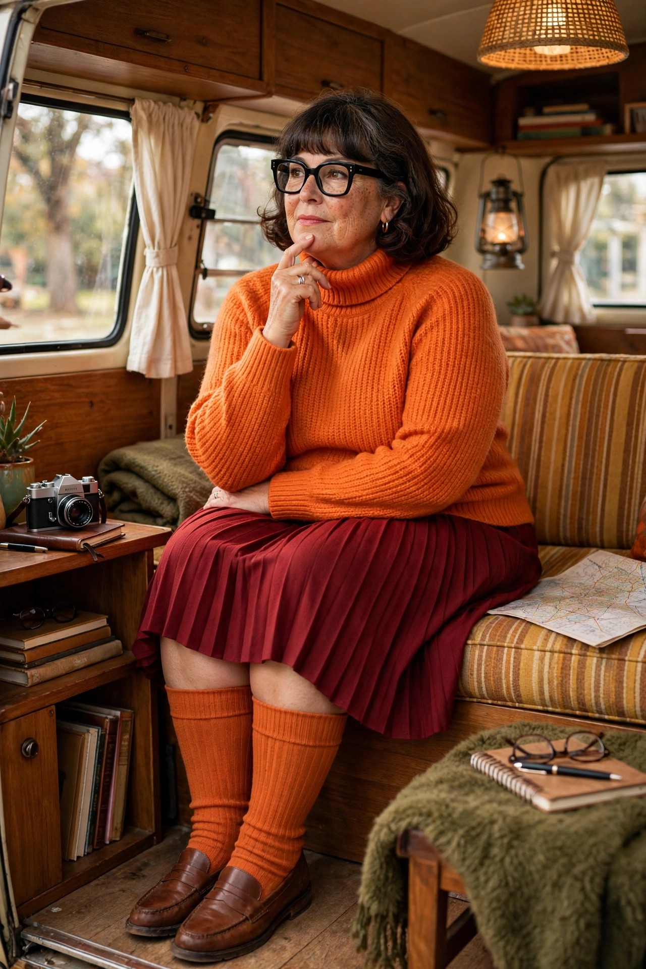 Plus-size woman over 50 in orange turtleneck and pleated skirt as Velma Dinkley Halloween costume