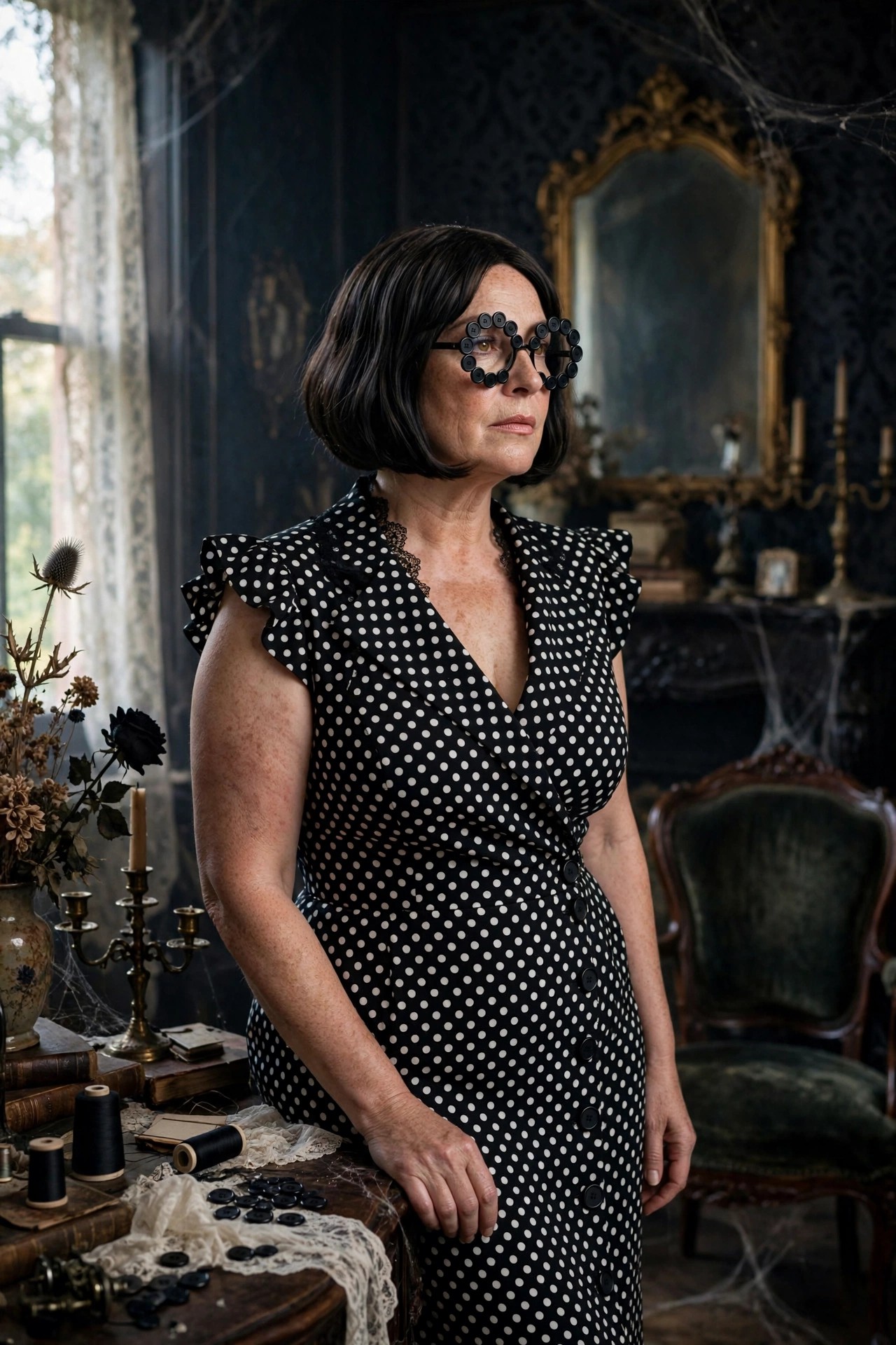 Plus-size woman over 50 in black and white polka dot dress as the Beldam Halloween costume