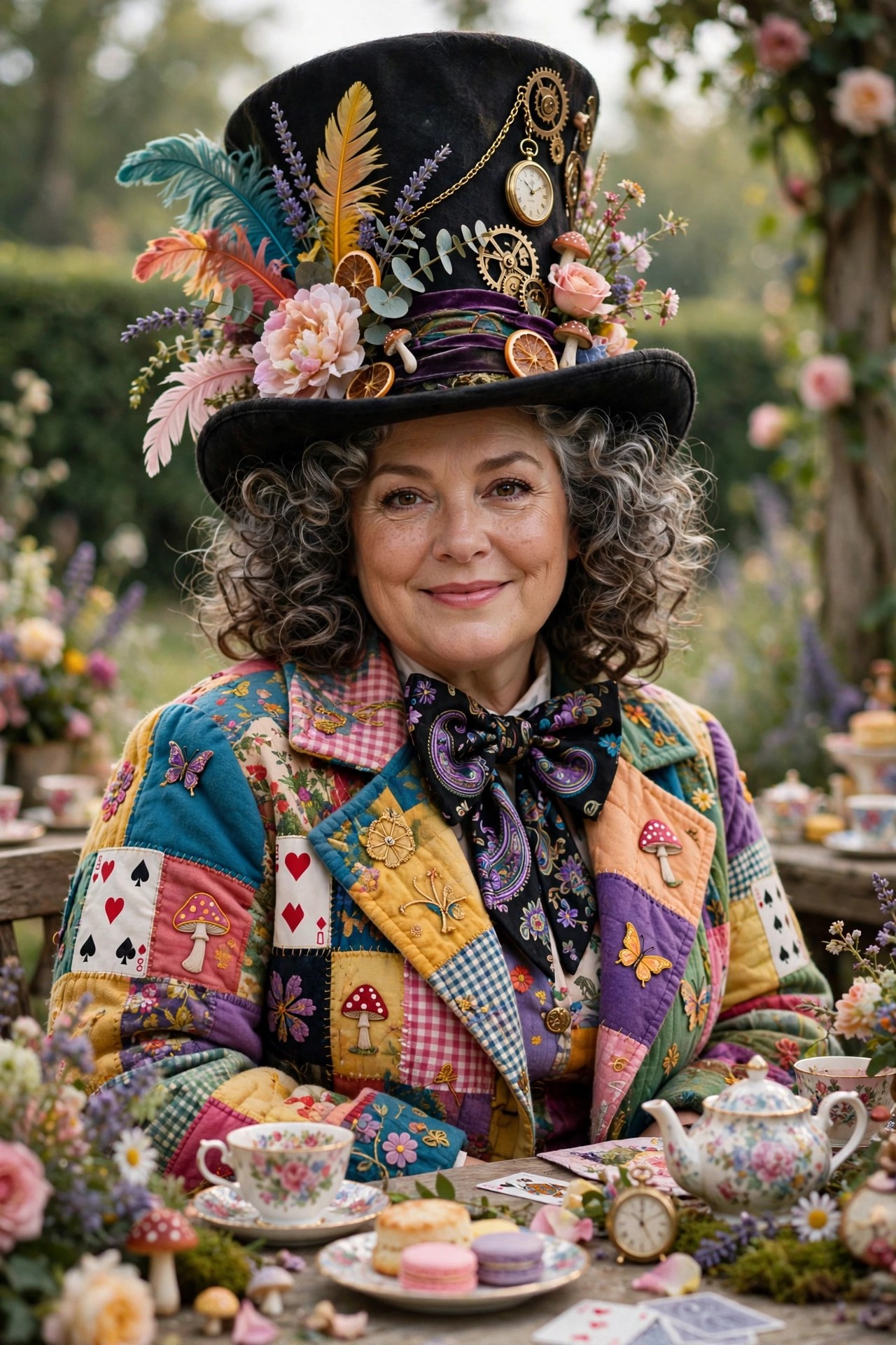 Plus-size woman over 50 in colorful coat and oversized top hat as Mad Hatter Halloween costume