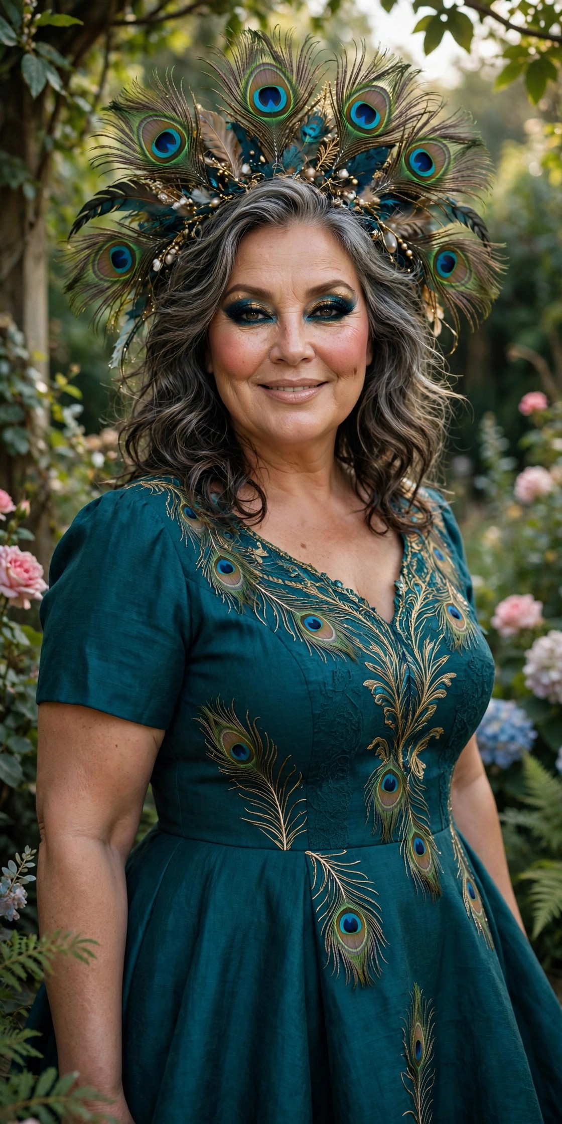 Plus-size woman over 50 in teal and green layered dress with peacock feathers as peacock Halloween costume