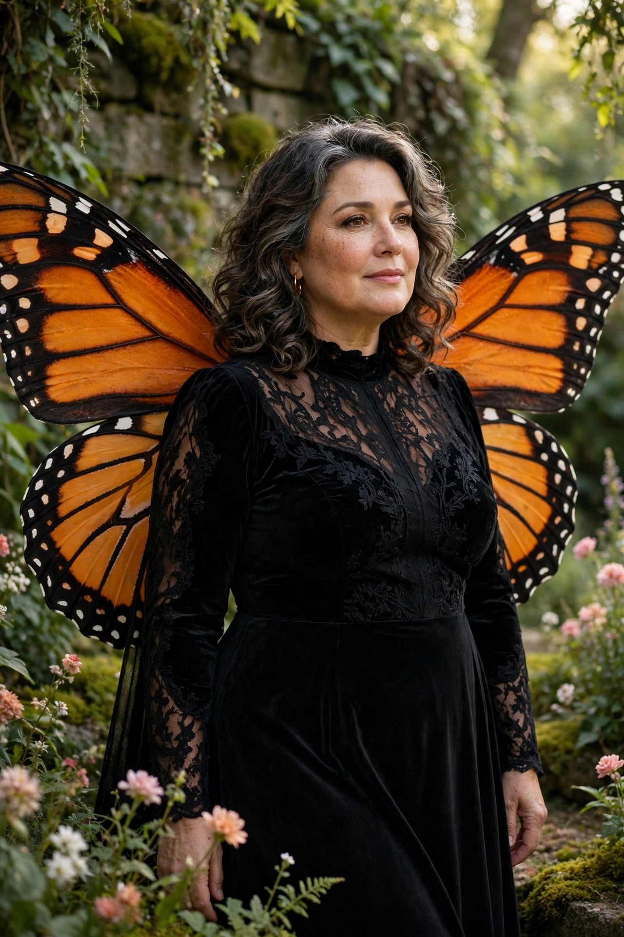 Plus-size woman over 50 in black dress with orange monarch butterfly wings as butterfly costume