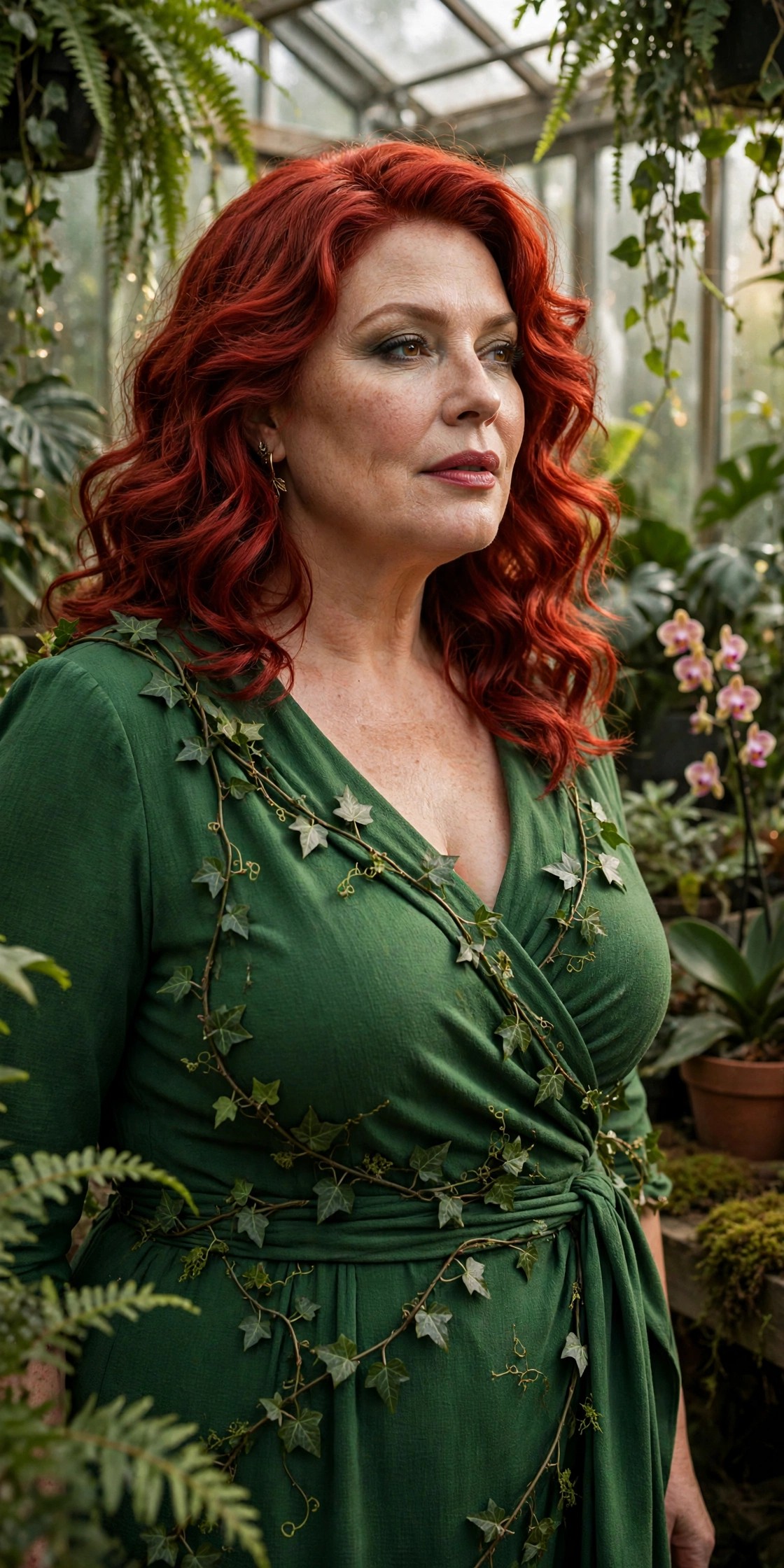 Plus-size woman over 50 in green dress with ivy vines as Poison Ivy Halloween costume