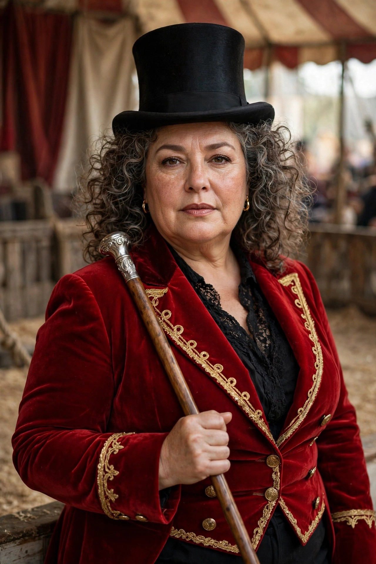 Plus-size woman over 50 in red tailcoat and top hat as circus ringmaster Halloween costume