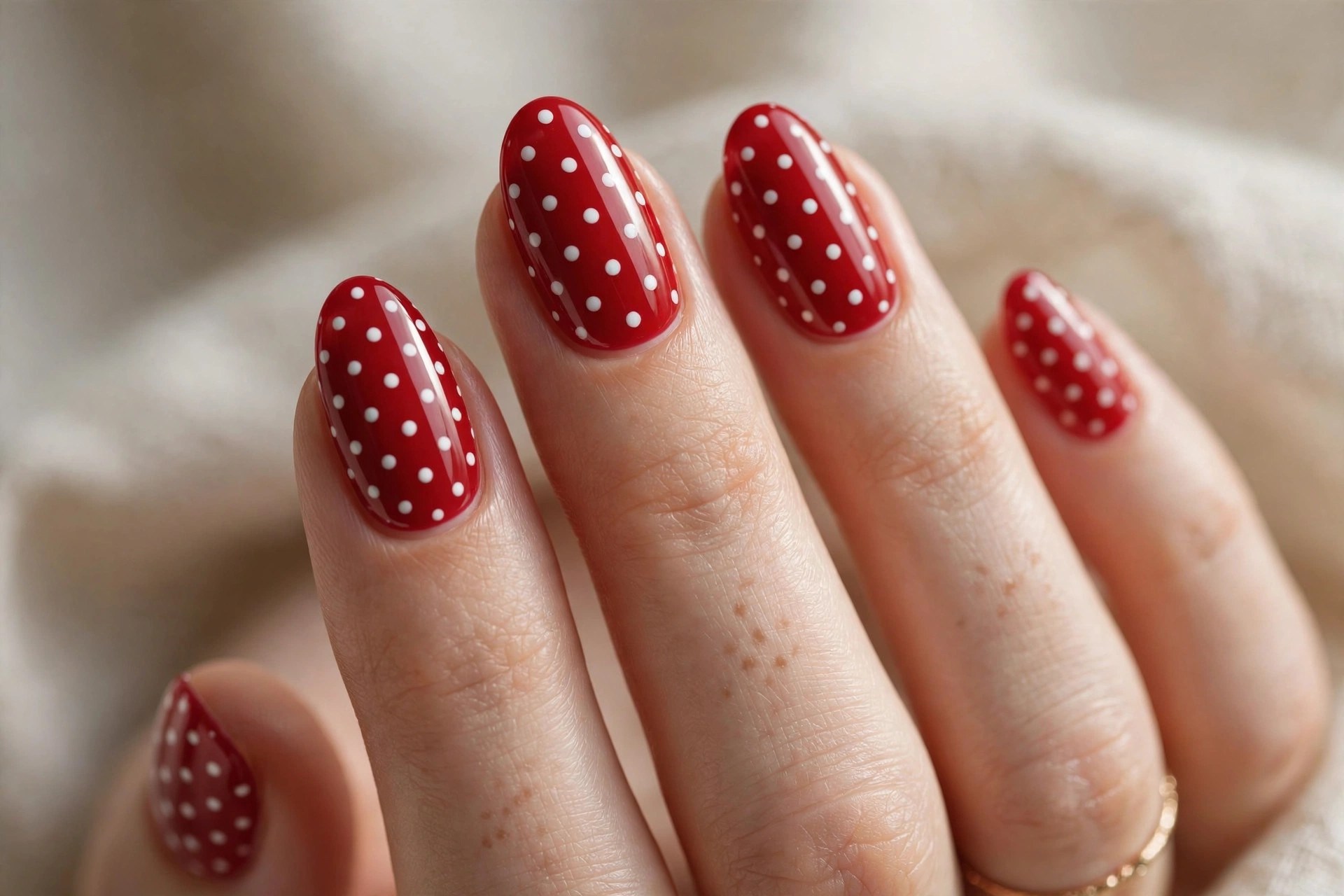 Almond nails with classic white polka dots on cherry red polish
