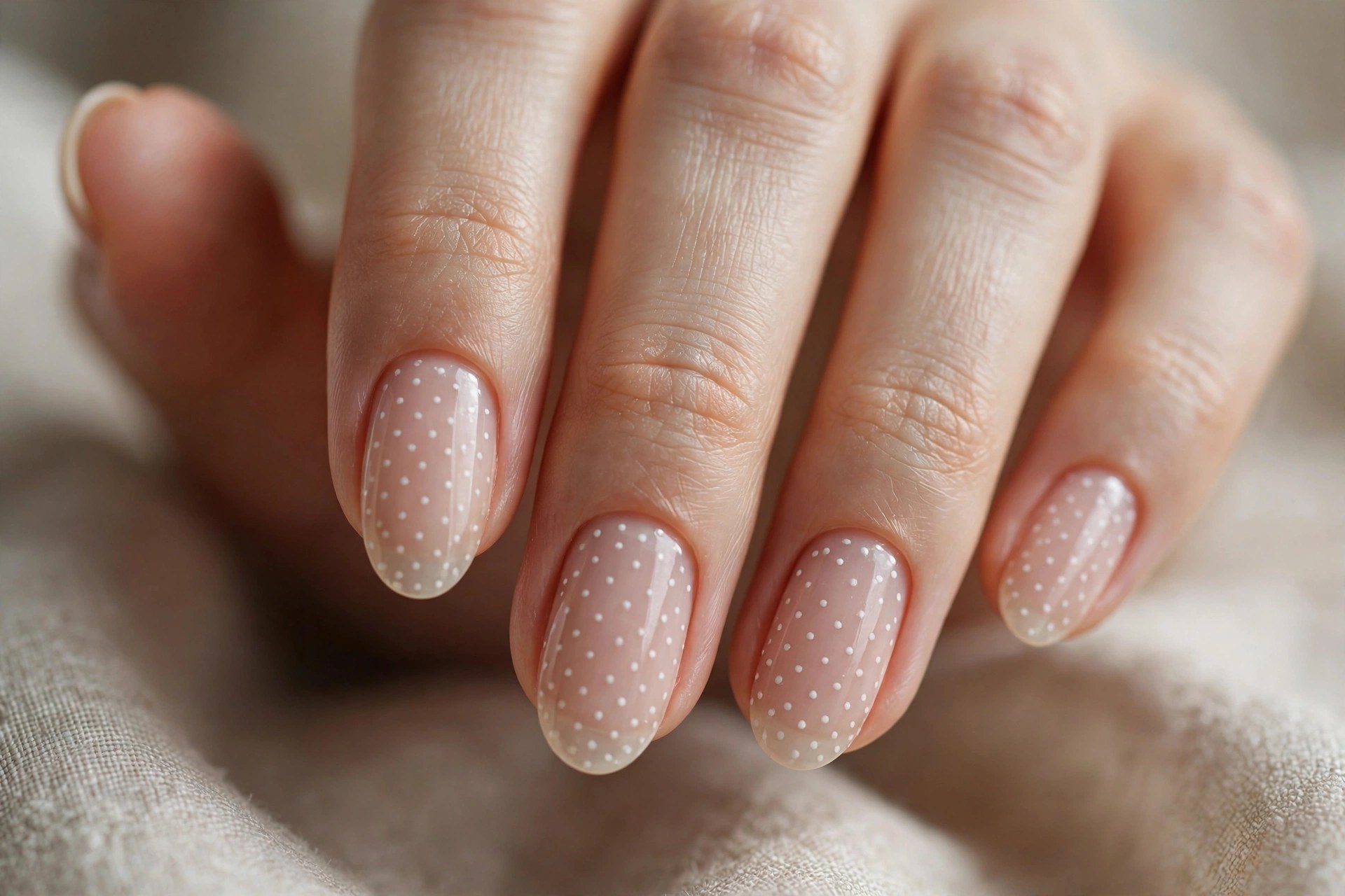 Short almond nails with white micro dots on sheer nude polish