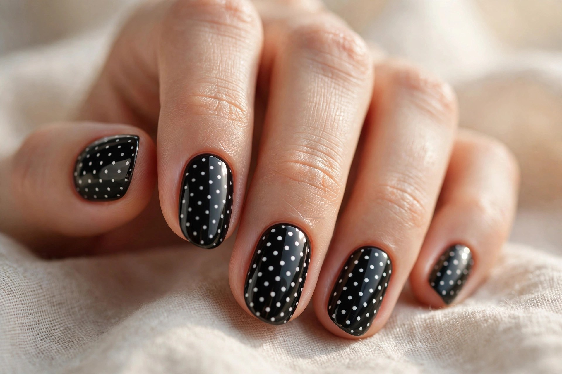 Short nails with white polka dots on glossy black polish