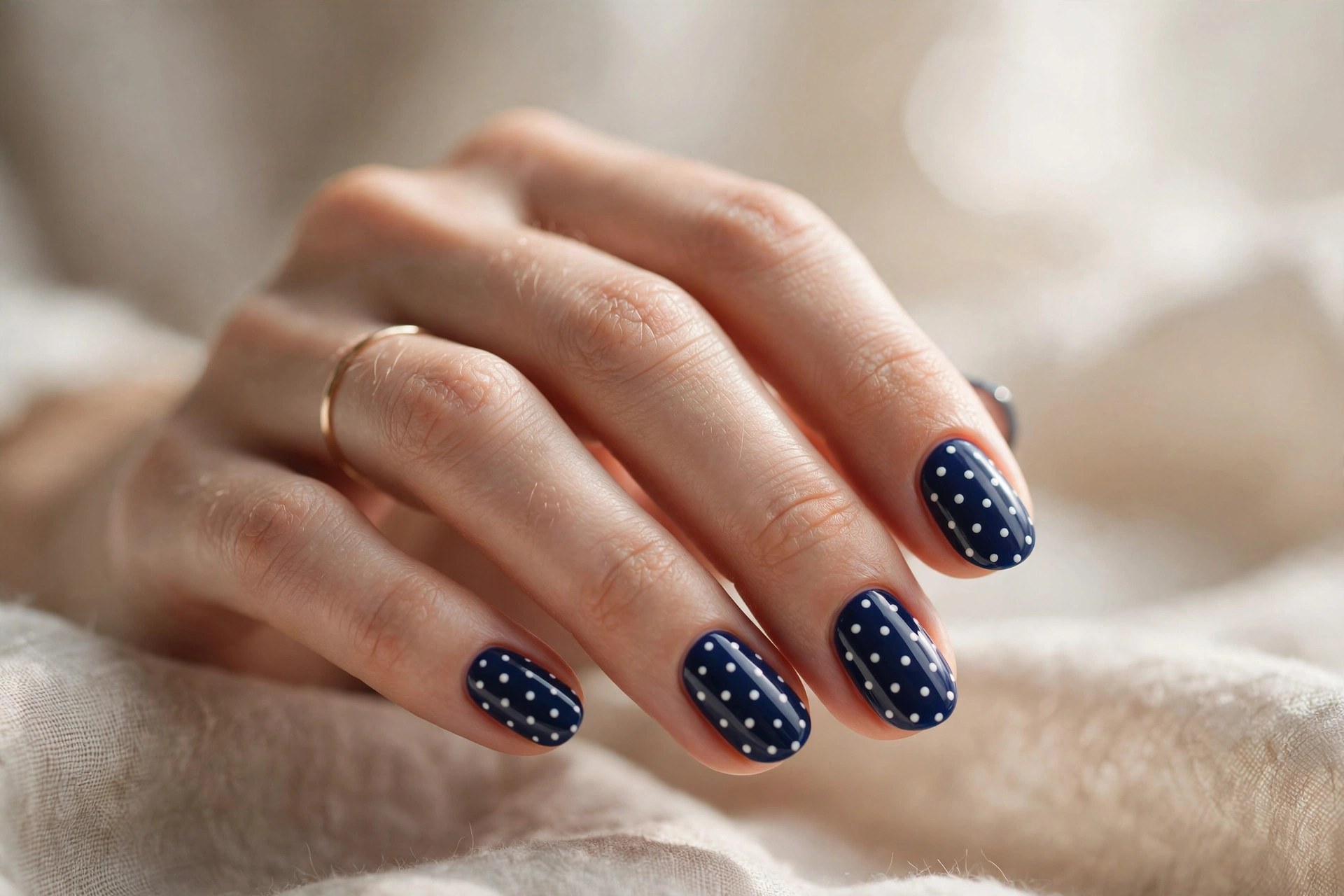 Rounded nails with white polka dots on navy blue polish