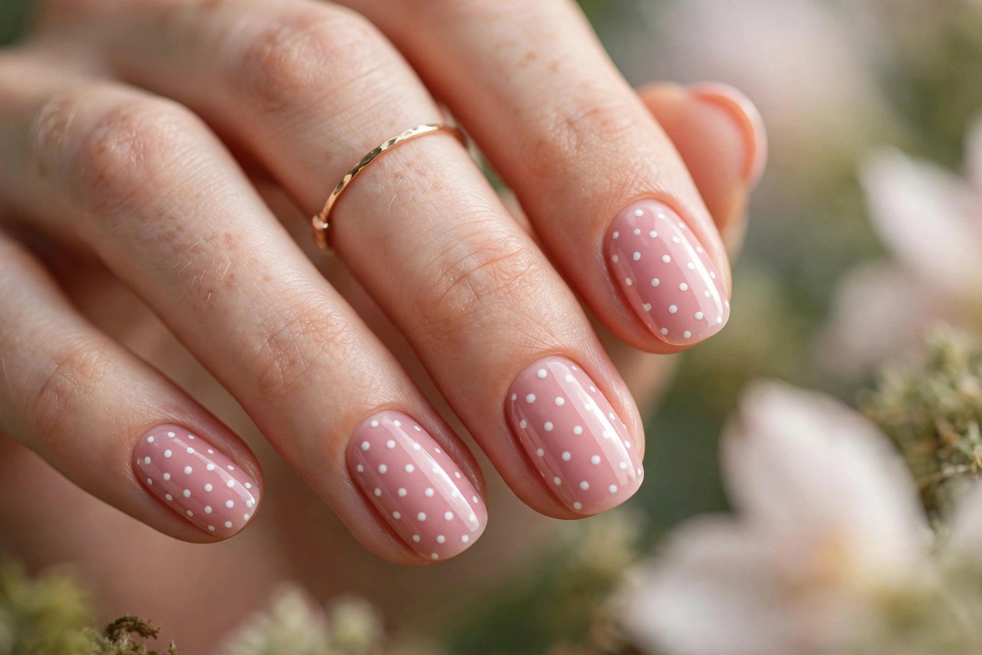 Almond nails with white polka dots on pink polish