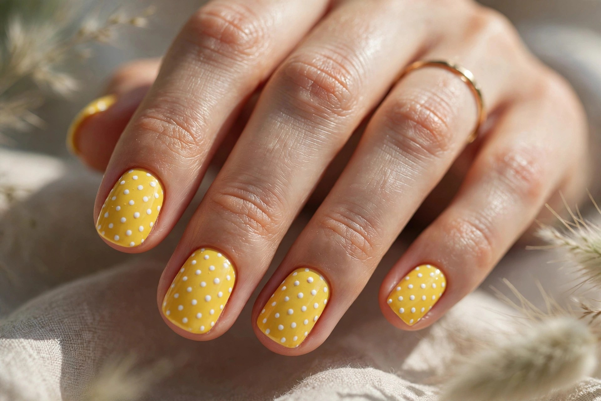 Sunny yellow almond nails with white polka dots