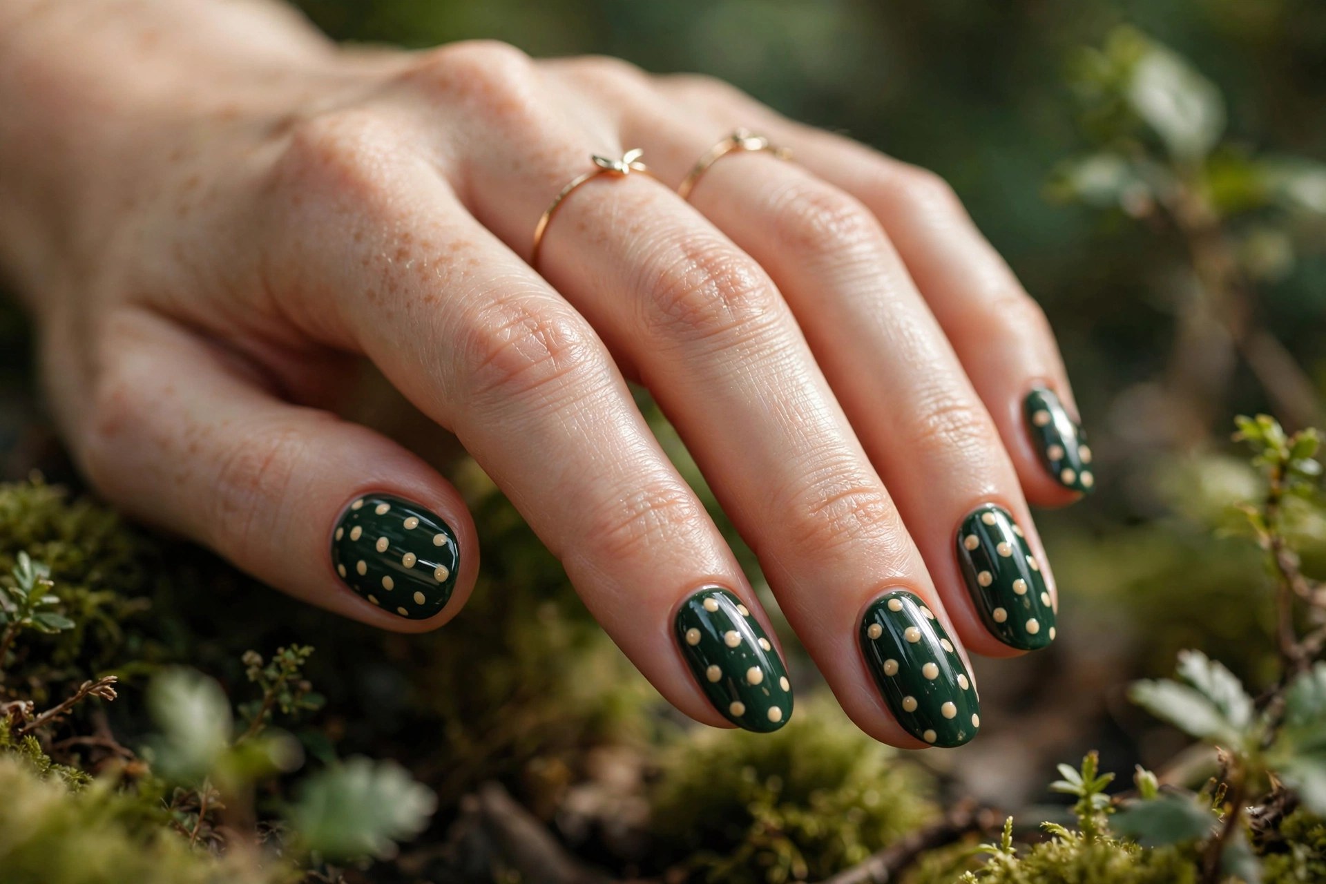 Forest green nails with cream polka dots