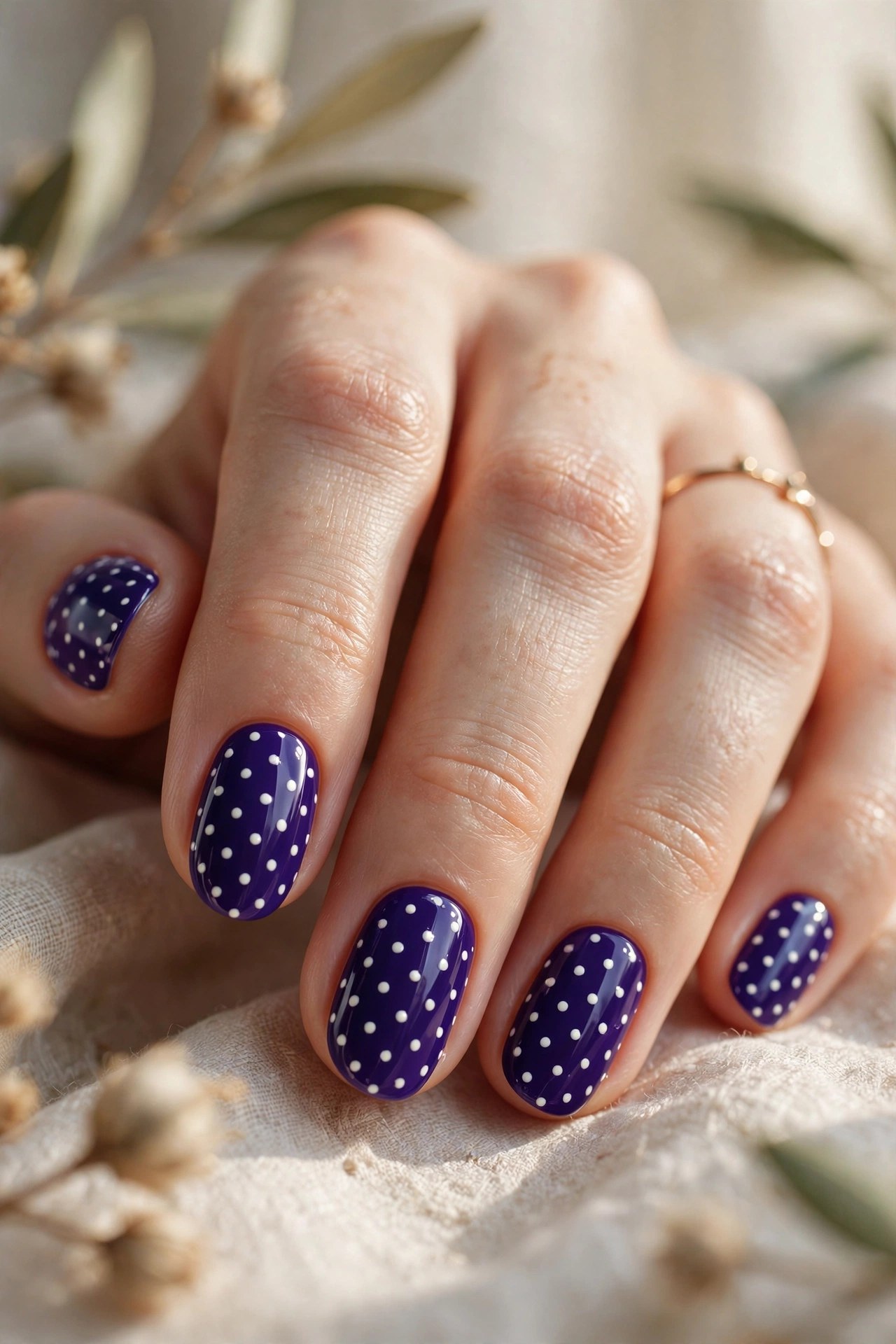 Purple almond nails with white polka dots