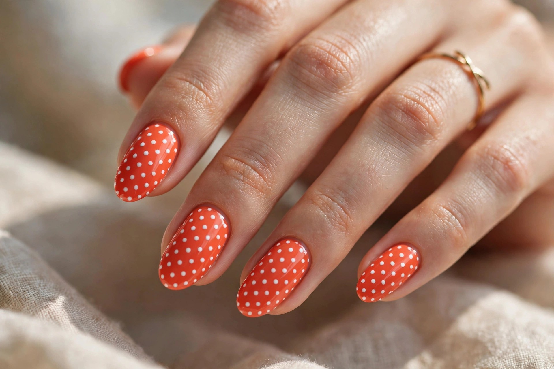 Coral orange nails with white polka dots