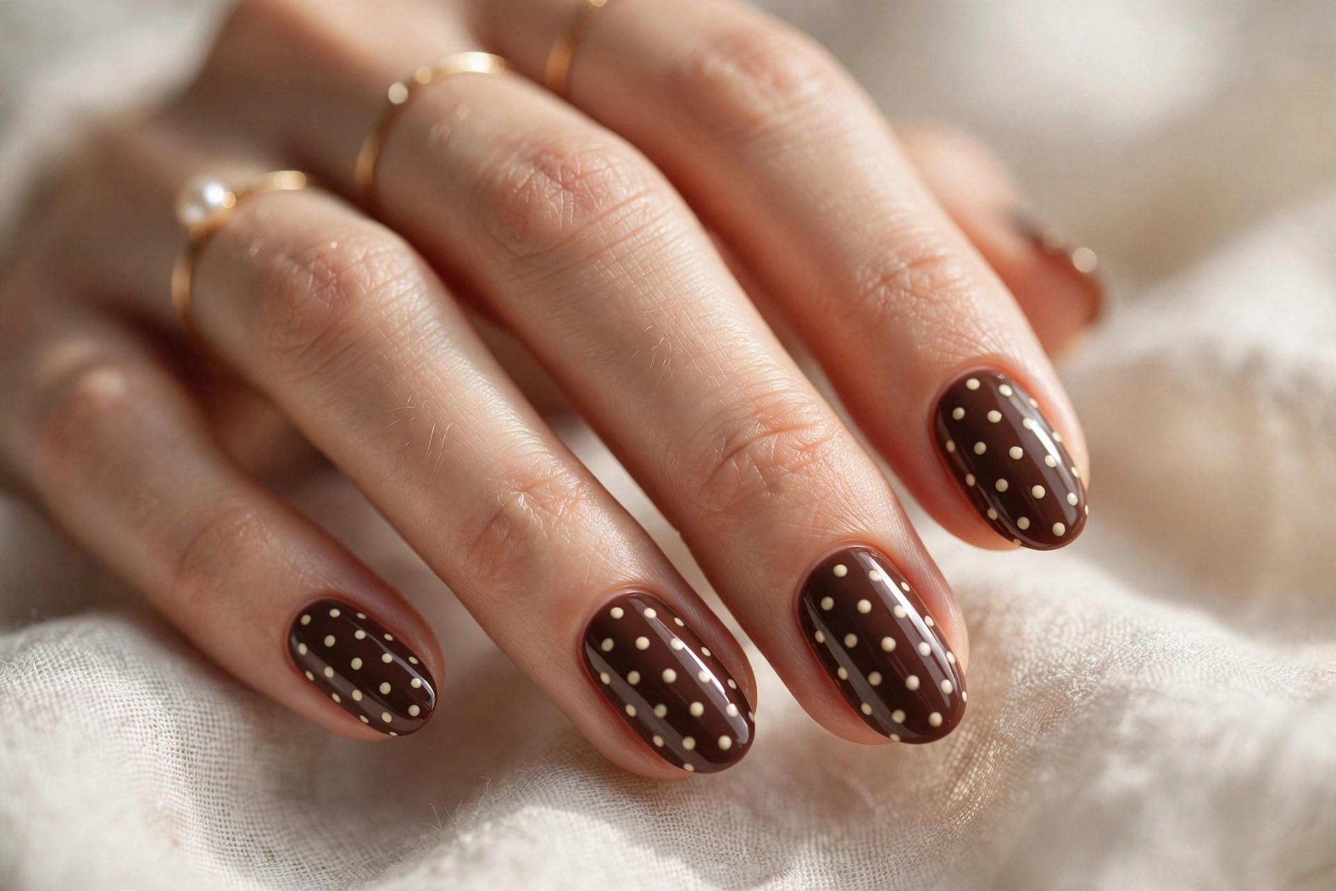 Chocolate brown nails with cream polka dots