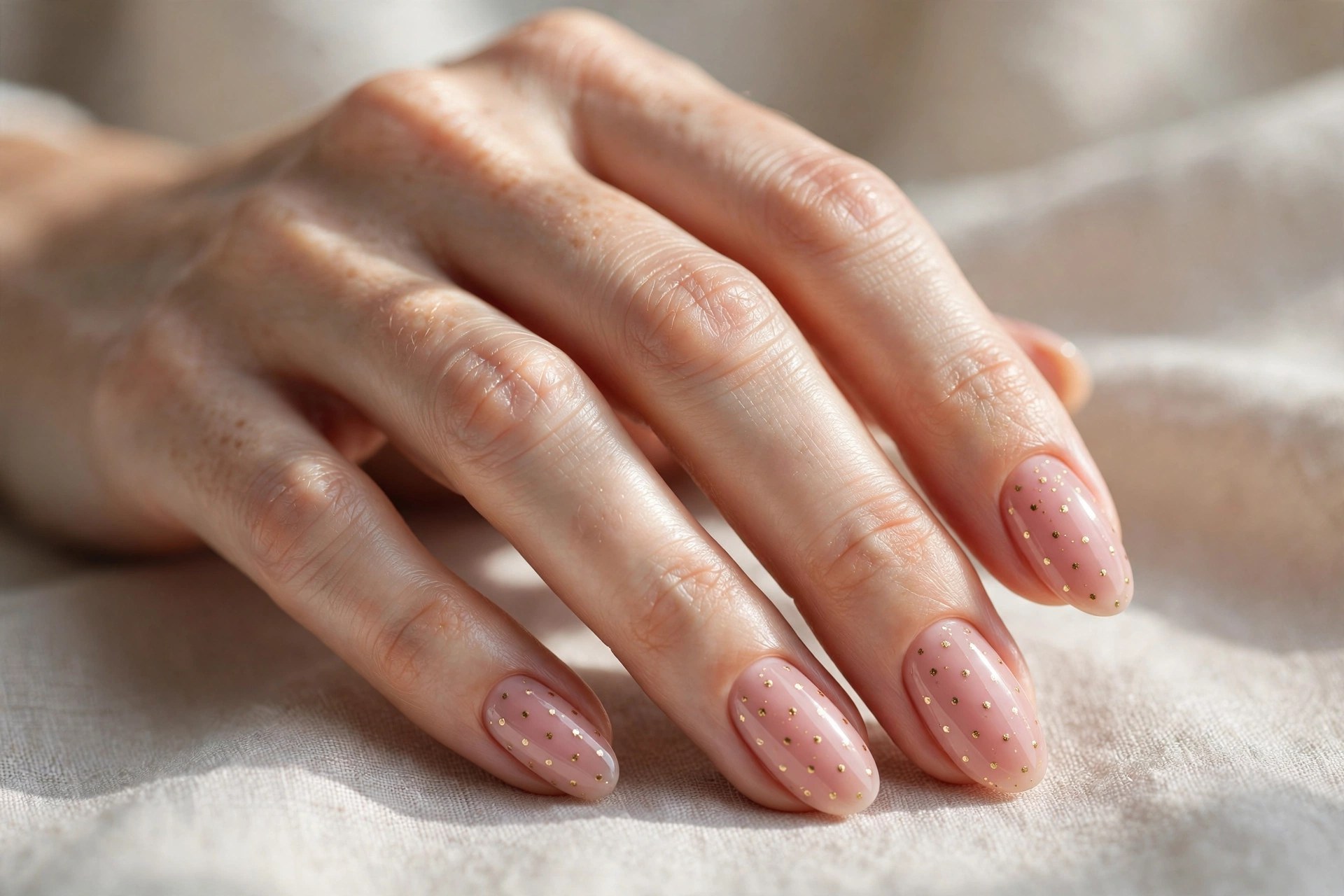 Blush pink nails with tiny gold polka dots