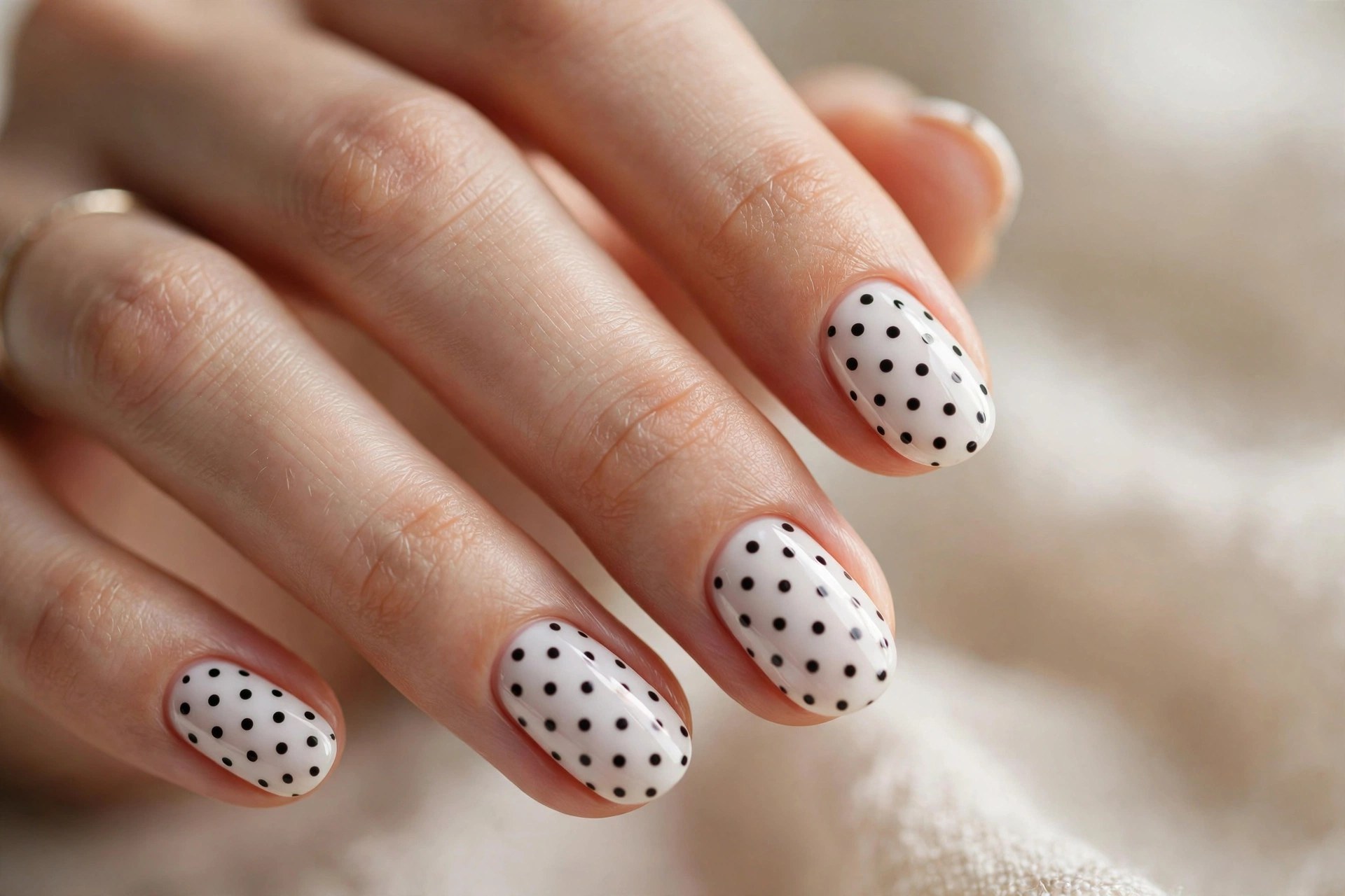 White nails with black polka dots