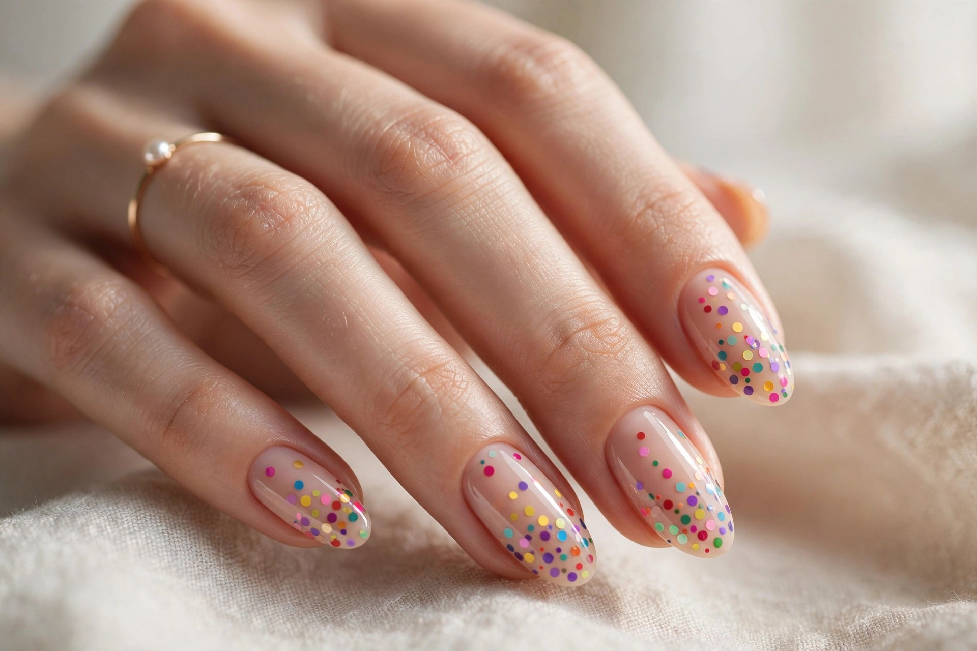 Nude nails with rainbow confetti polka dots
