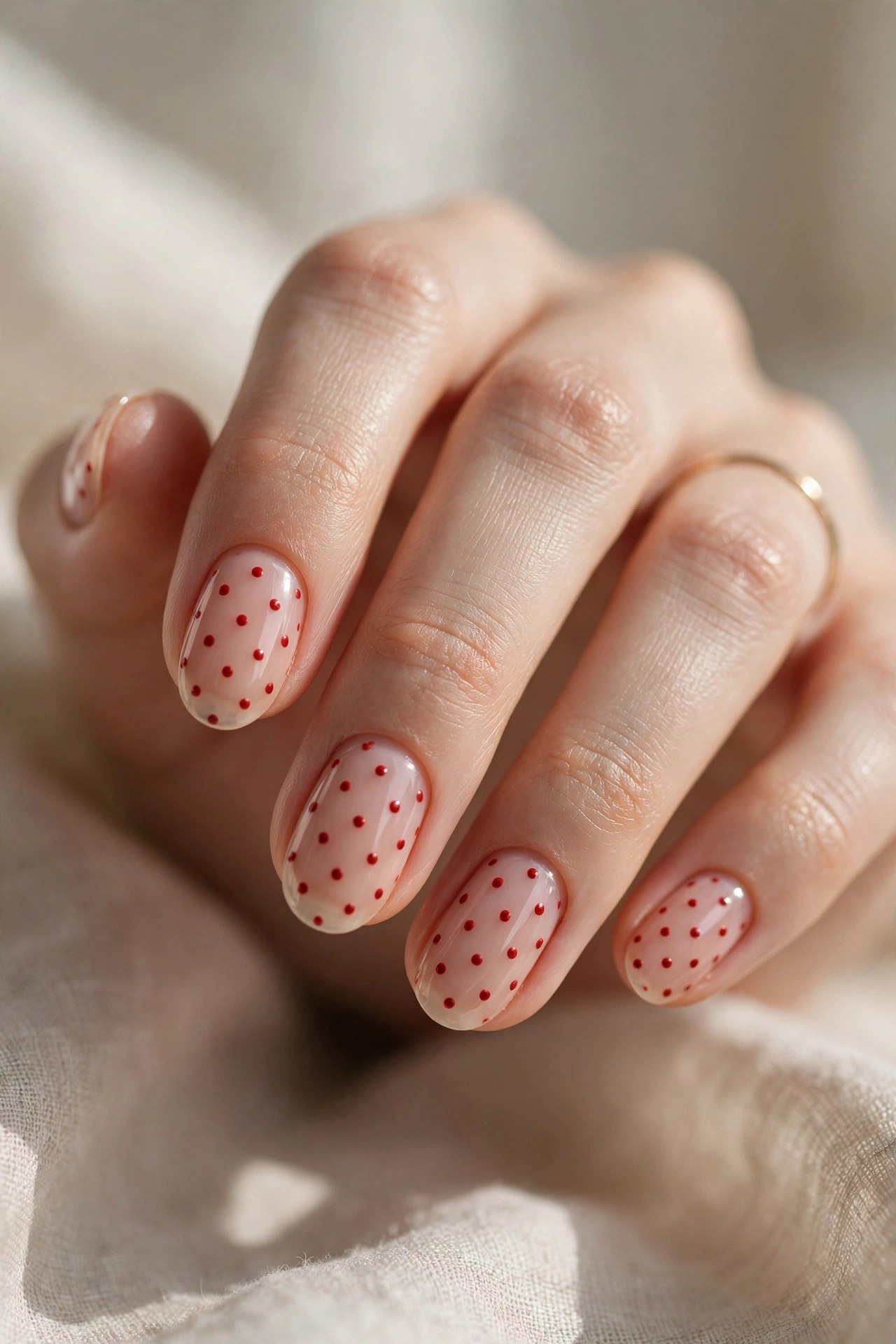 Sheer nude nails with tiny red cherry dots