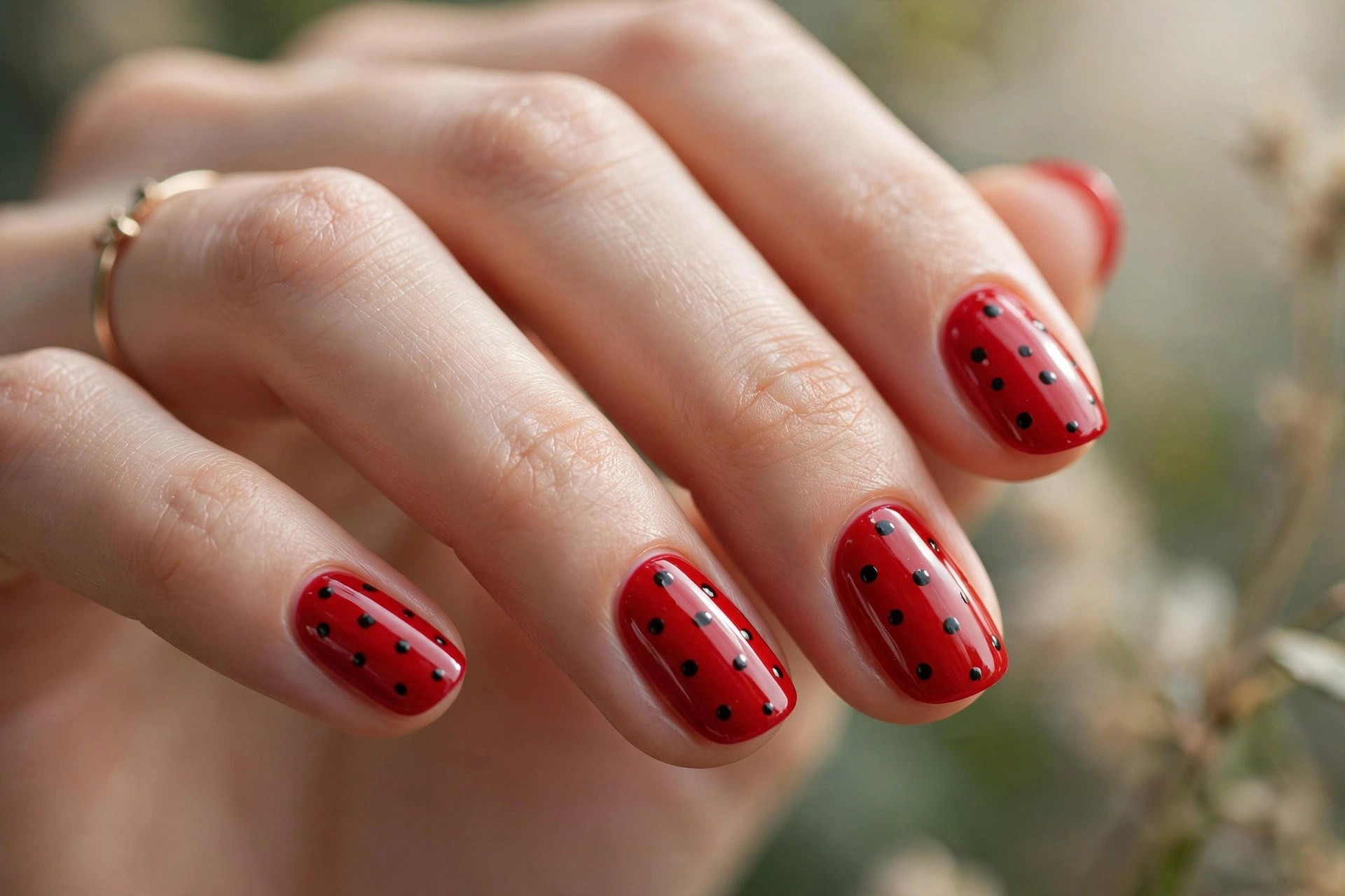 Red nails with black dotted ladybug accents