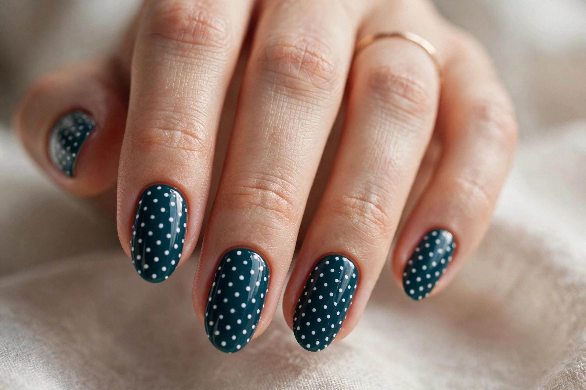 Teal nails with white polka dots