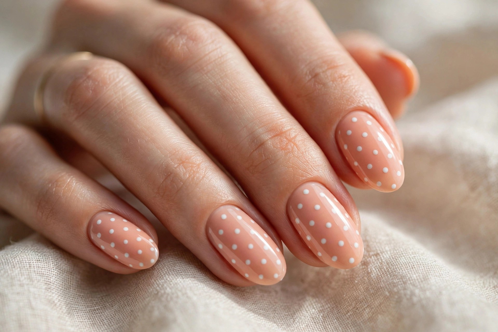 Peach nails with white polka dots