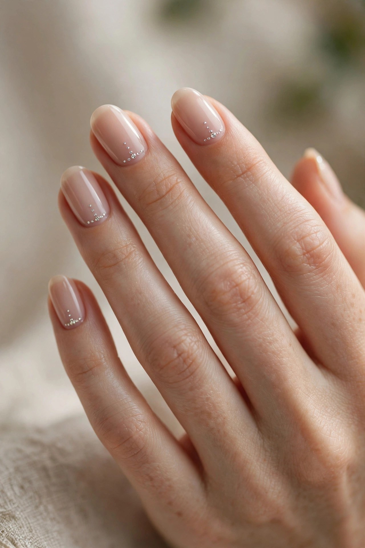 Nude nails with rhinestone dot accents