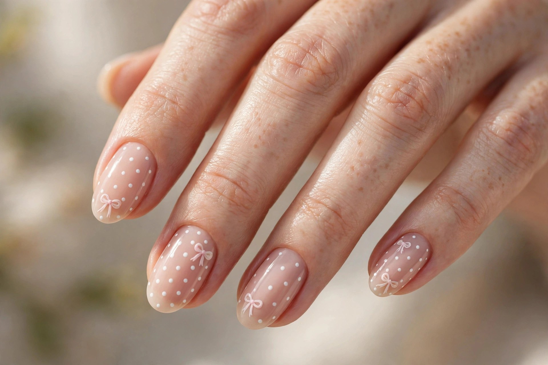 Polka dot nails with tiny painted bow accents