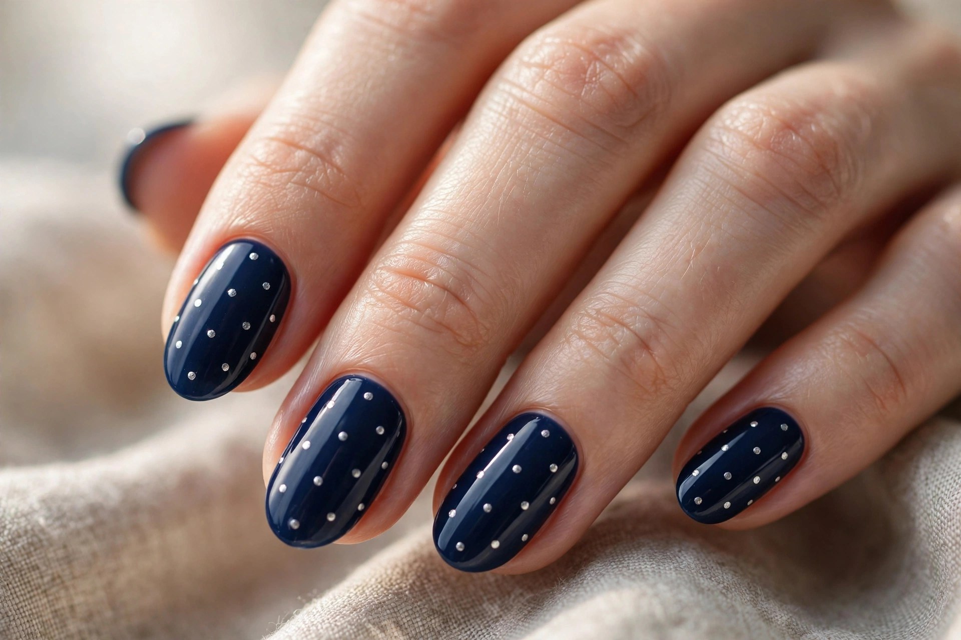 Midnight blue nails with silver polka dots