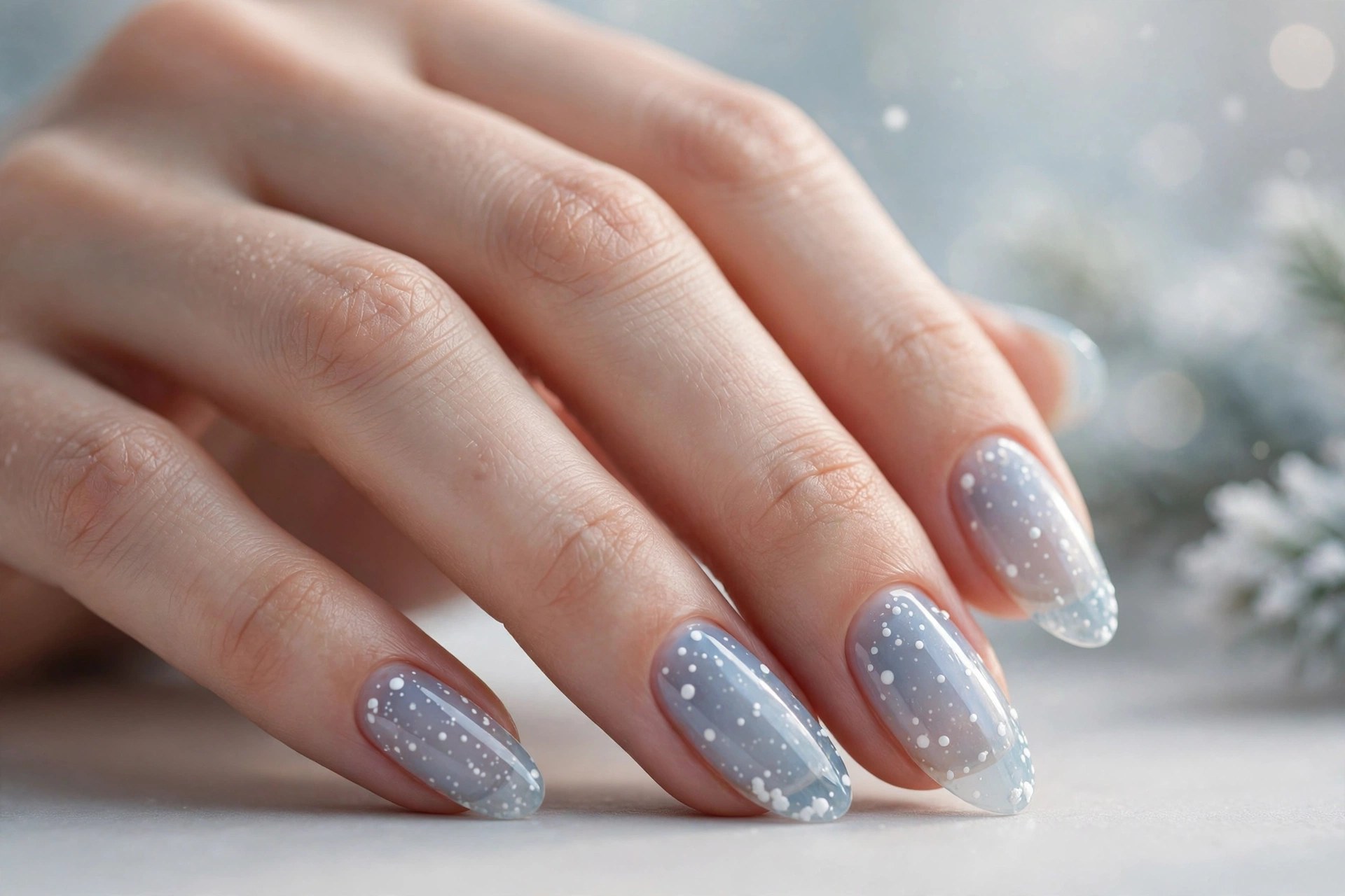 Sheer blue-gray nails with white snowfall dots