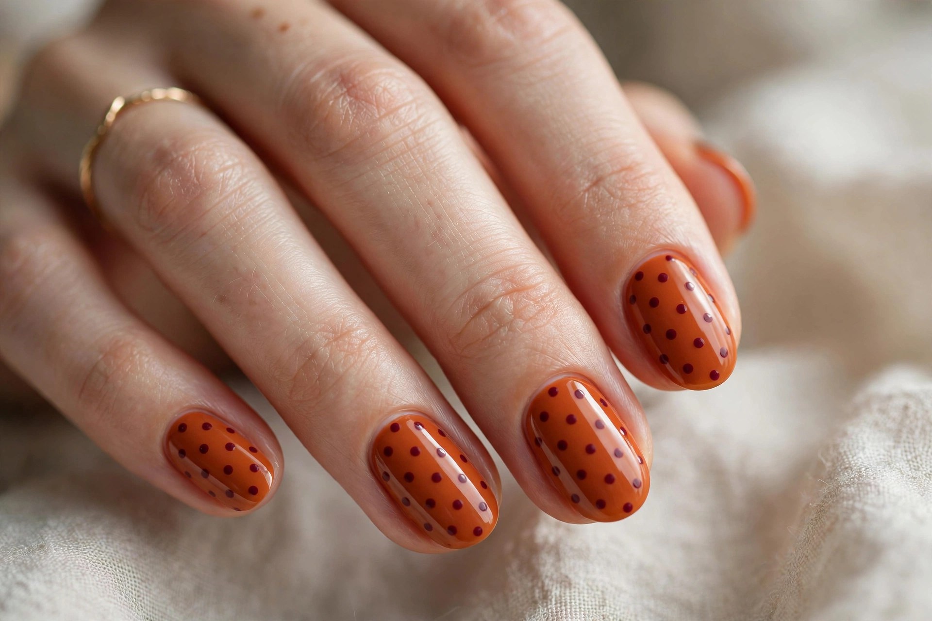 Burnt orange nails with burgundy polka dots