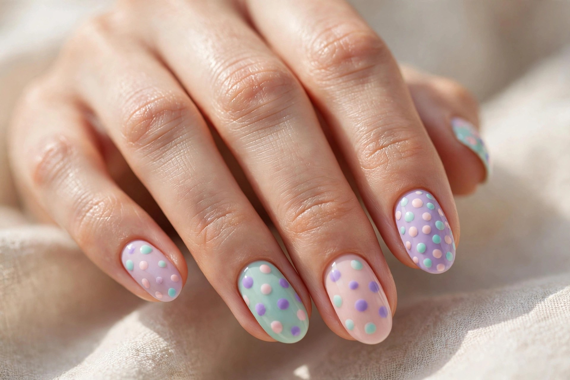 Pastel nails with mixed pastel polka dots