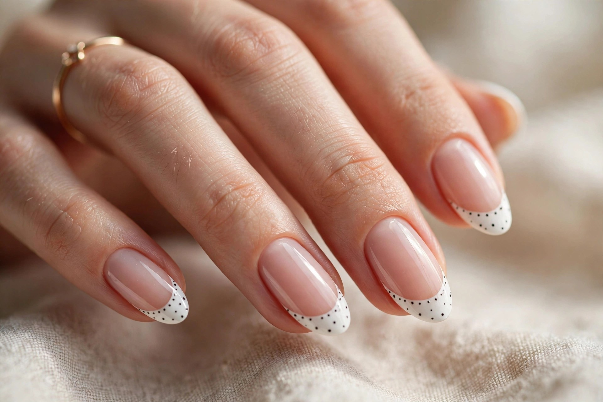 French tip nails with tiny polka dots on the tips