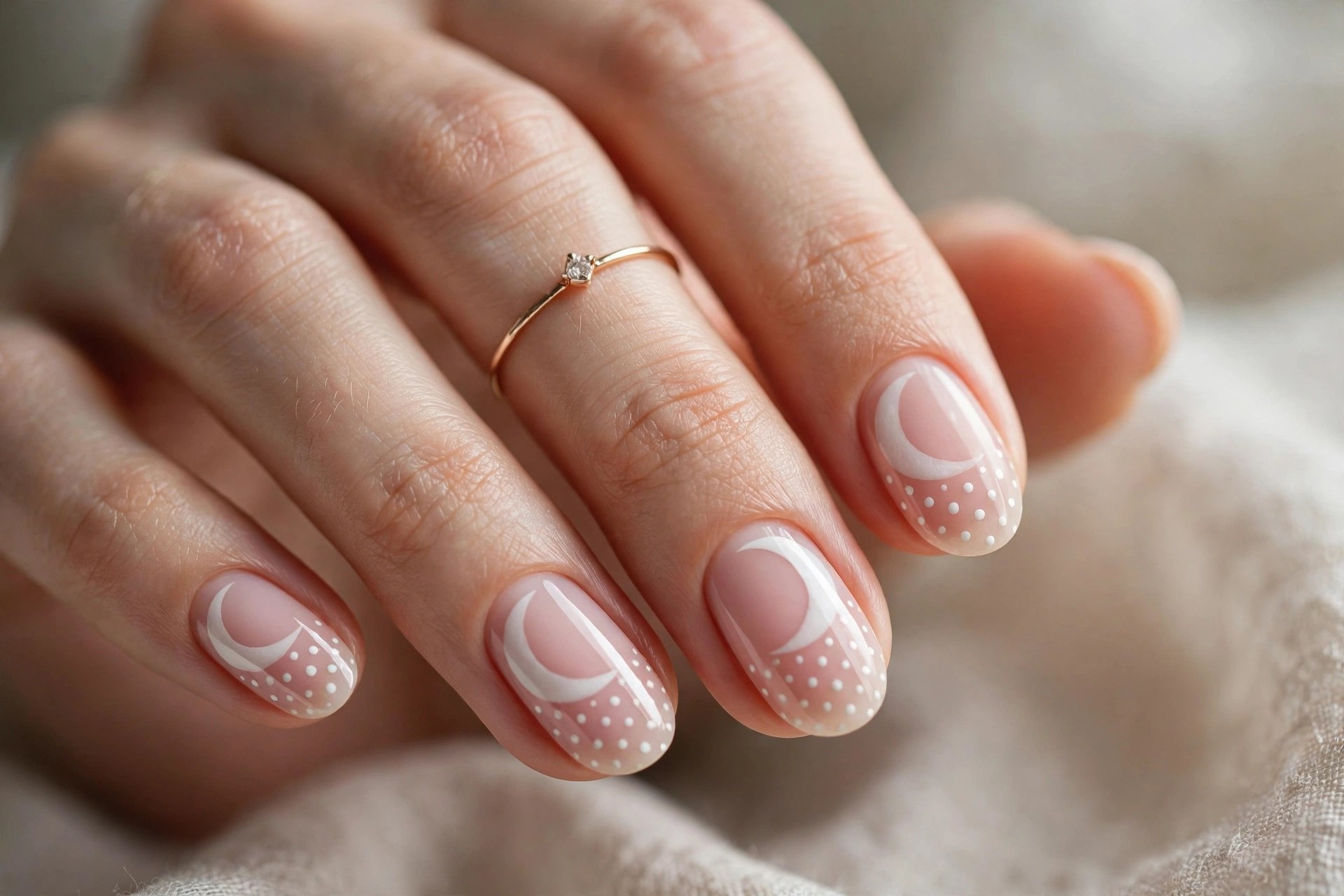 Half-moon nails with polka dots above the moon