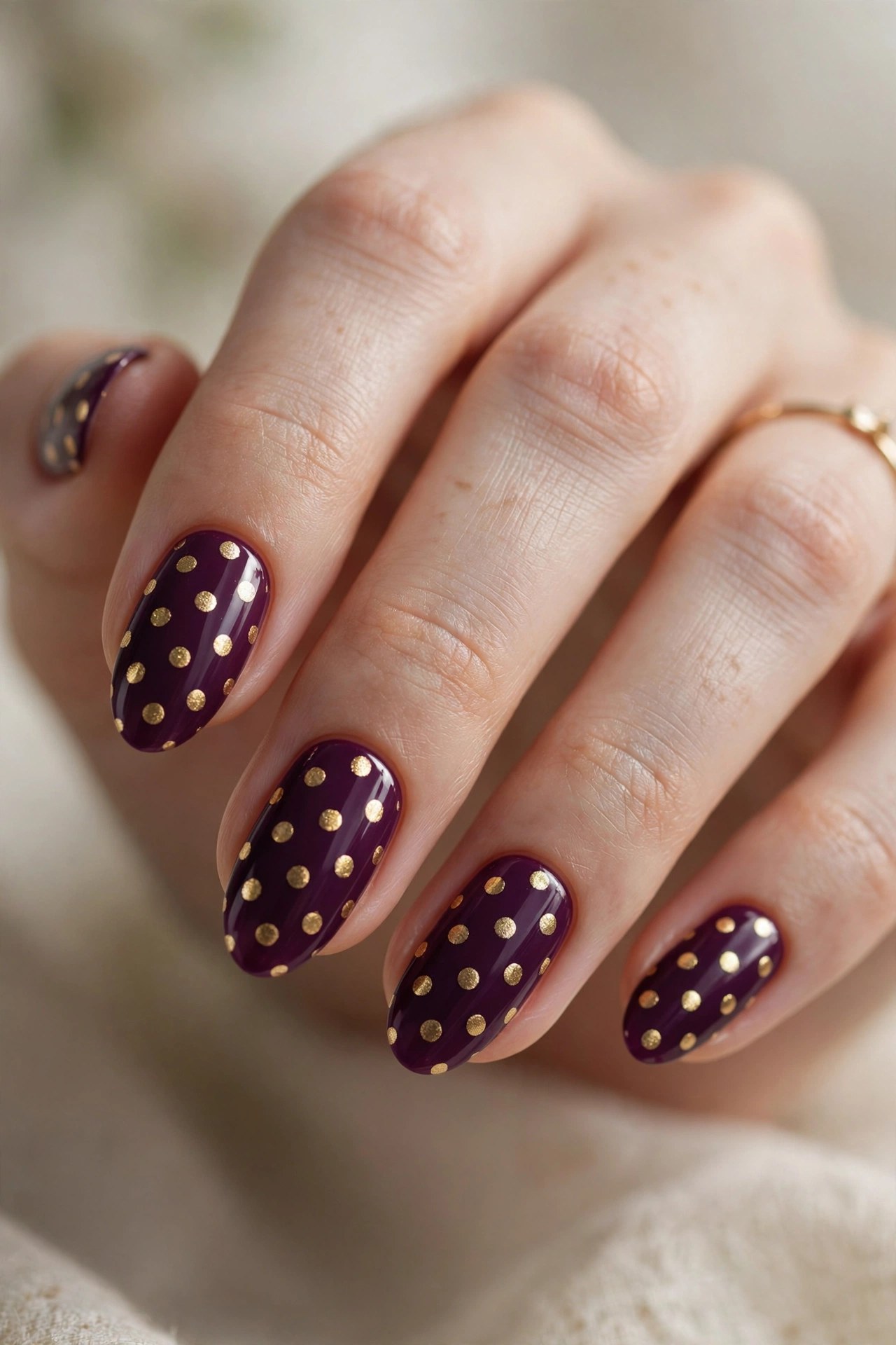 Deep plum nails with metallic gold polka dots