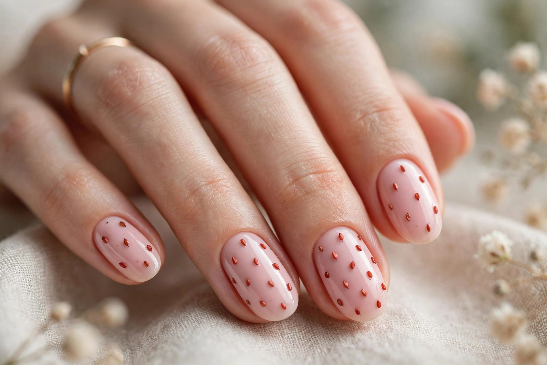 Pink nails with red strawberry seed dots