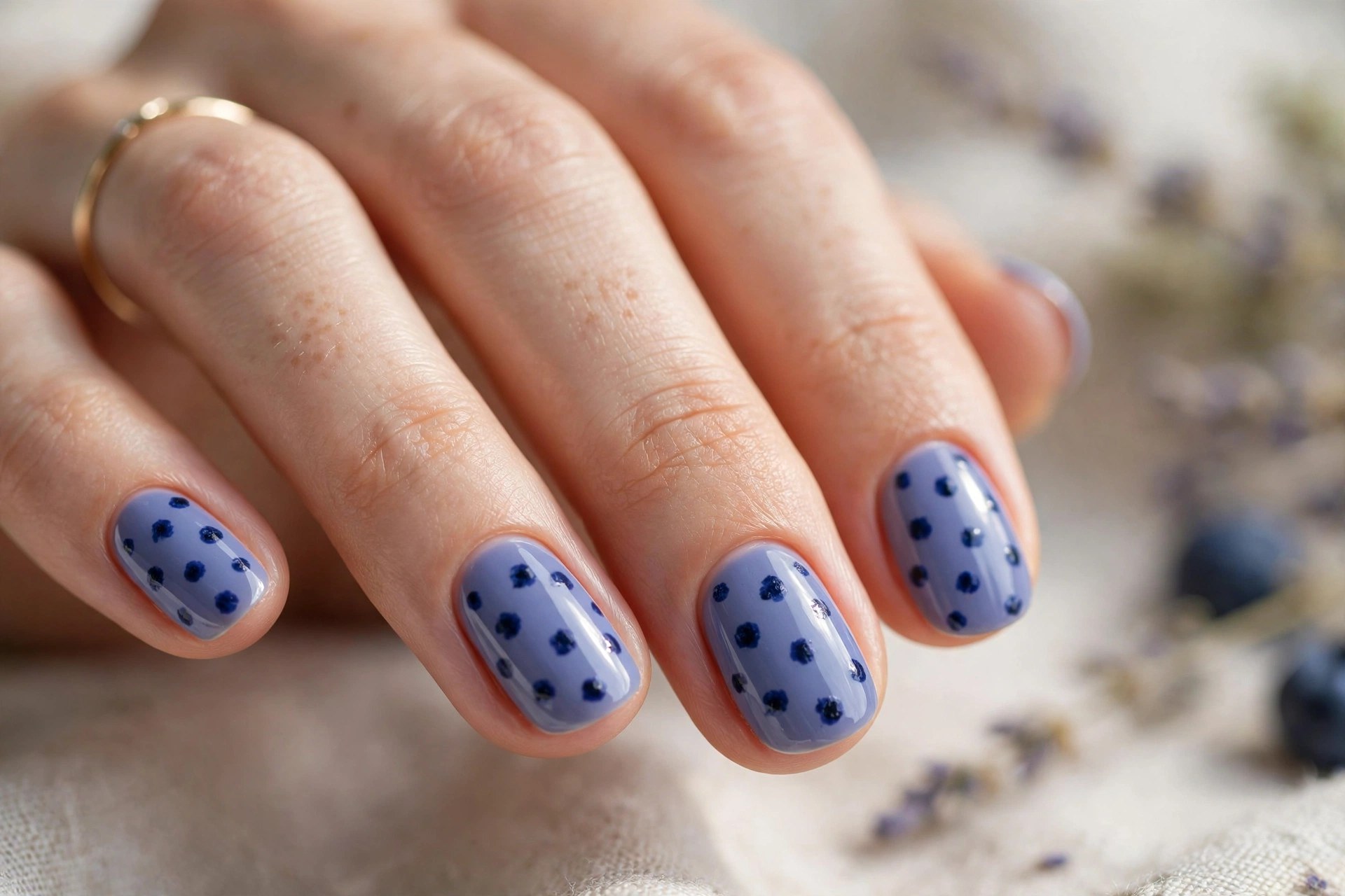 Periwinkle nails with deep blue blueberry dots