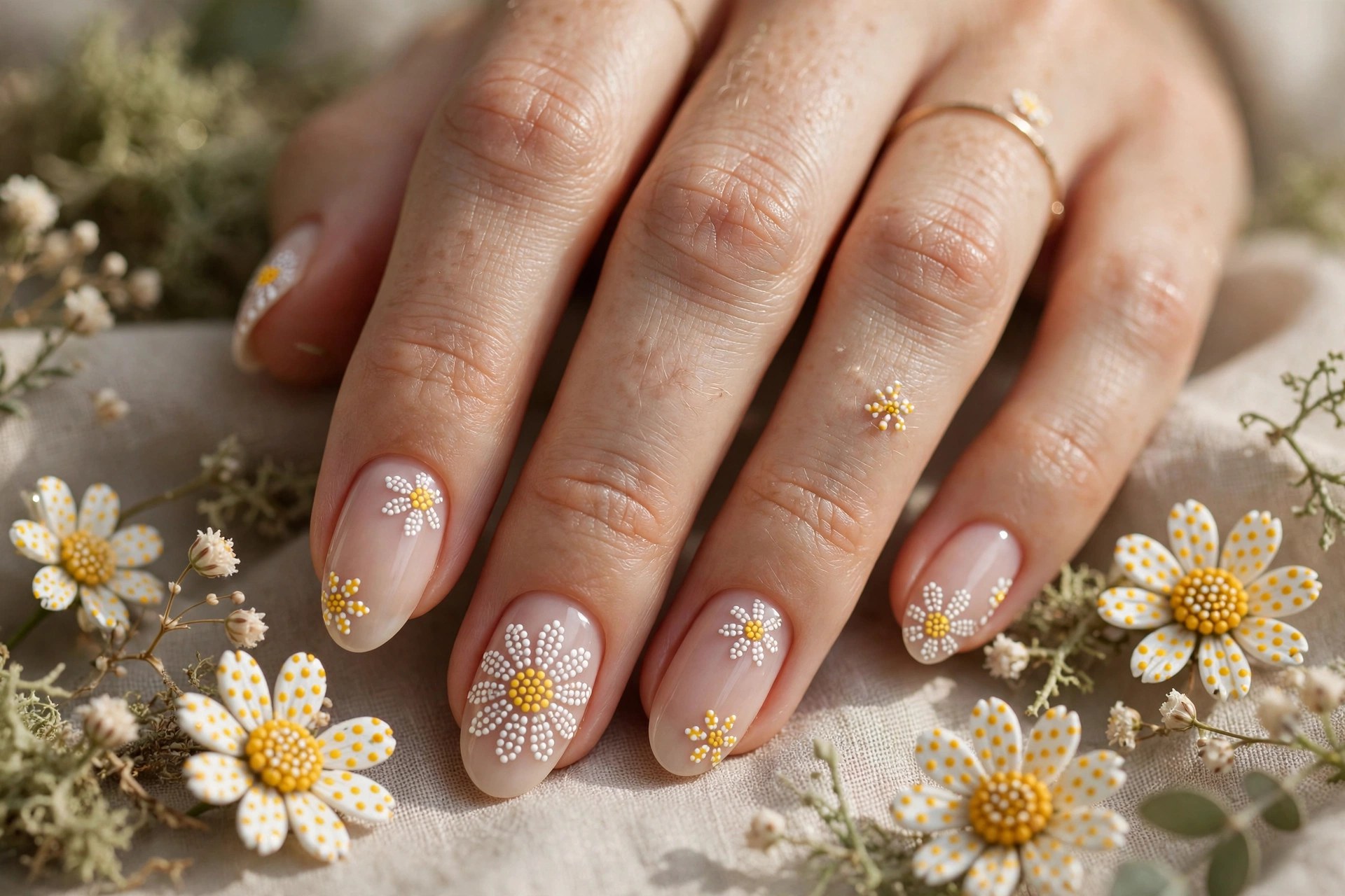 White nails with yellow daisy center dots
