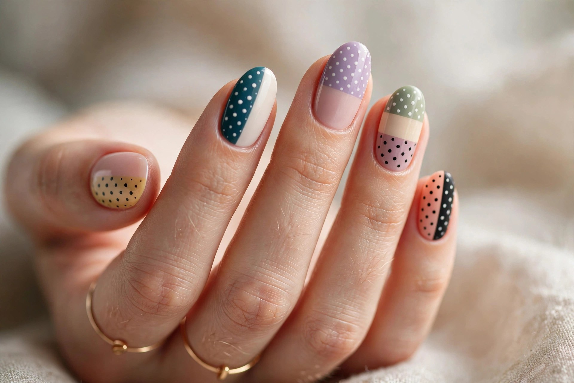 Color-blocked nails with contrasting polka dots