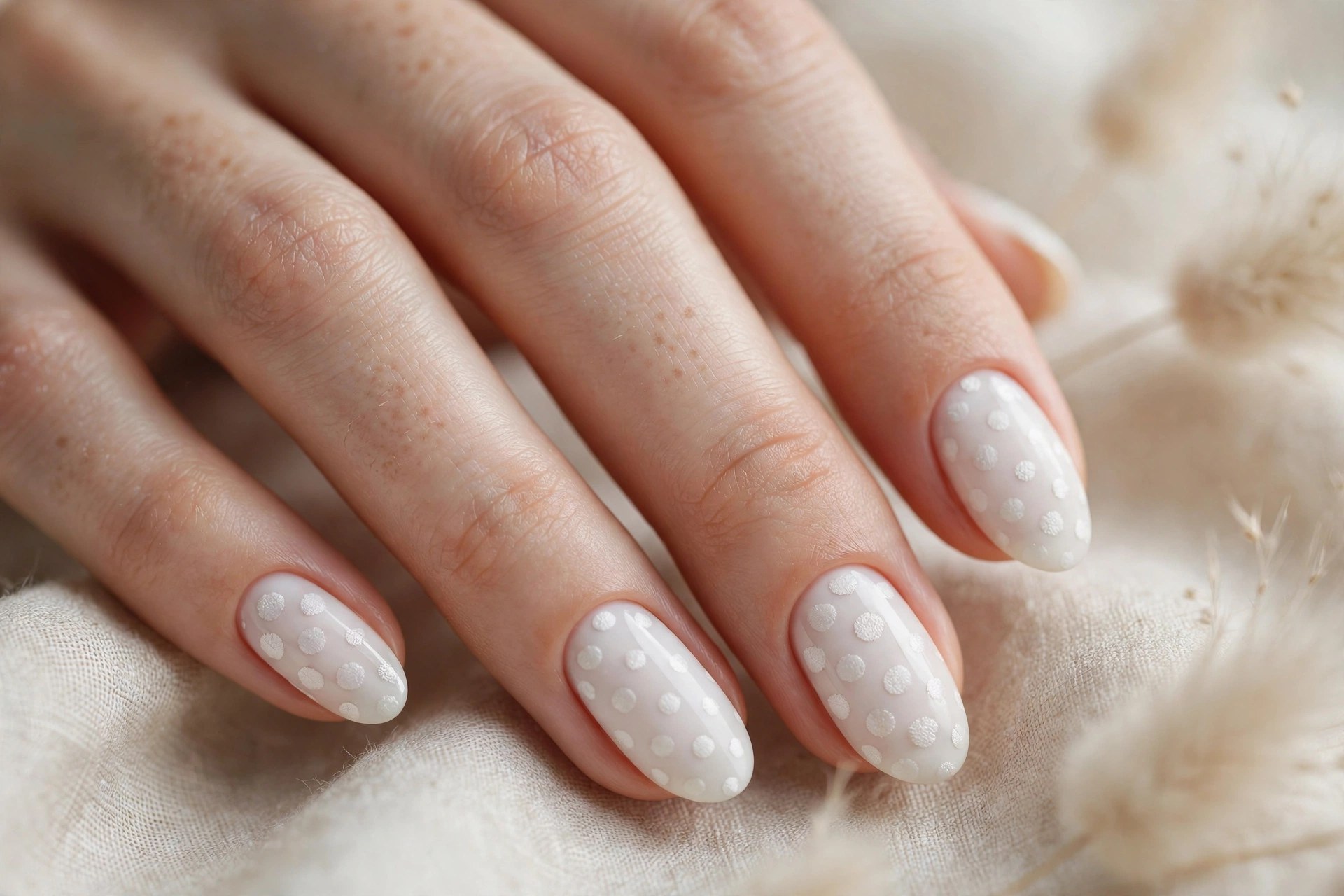 White nails with tonal white polka dots