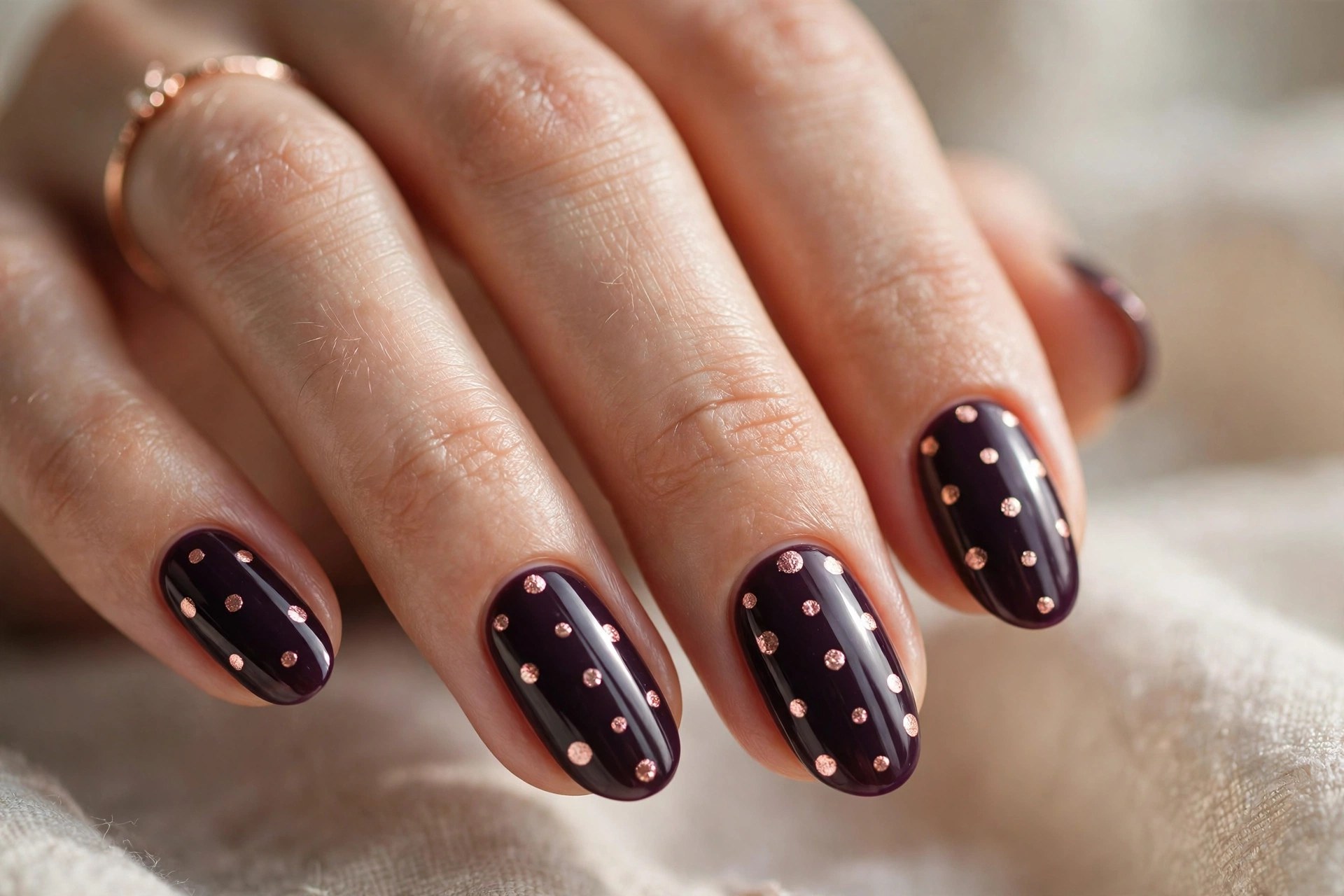 Eggplant nails with rose gold polka dots
