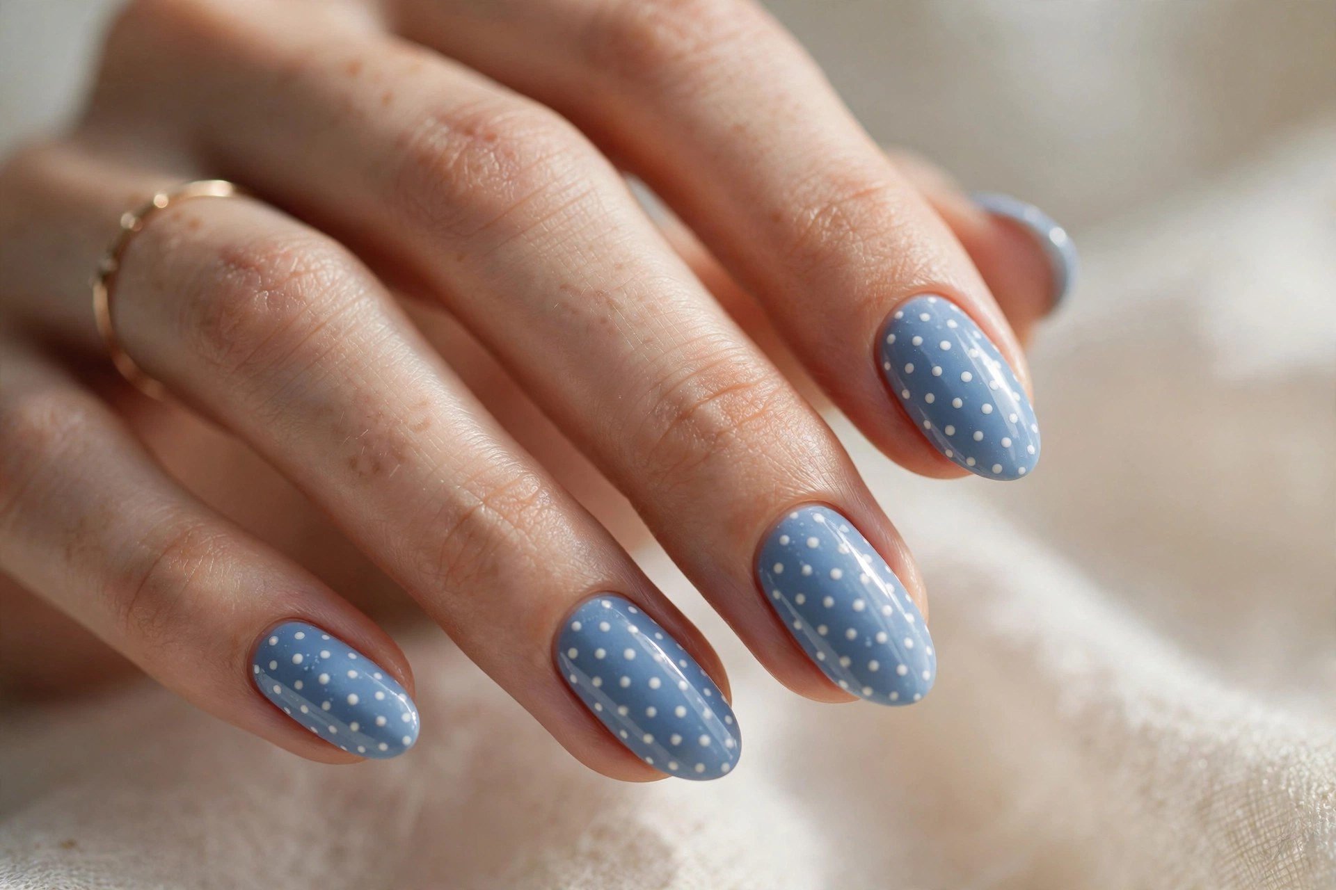 Powder blue nails with white polka dots