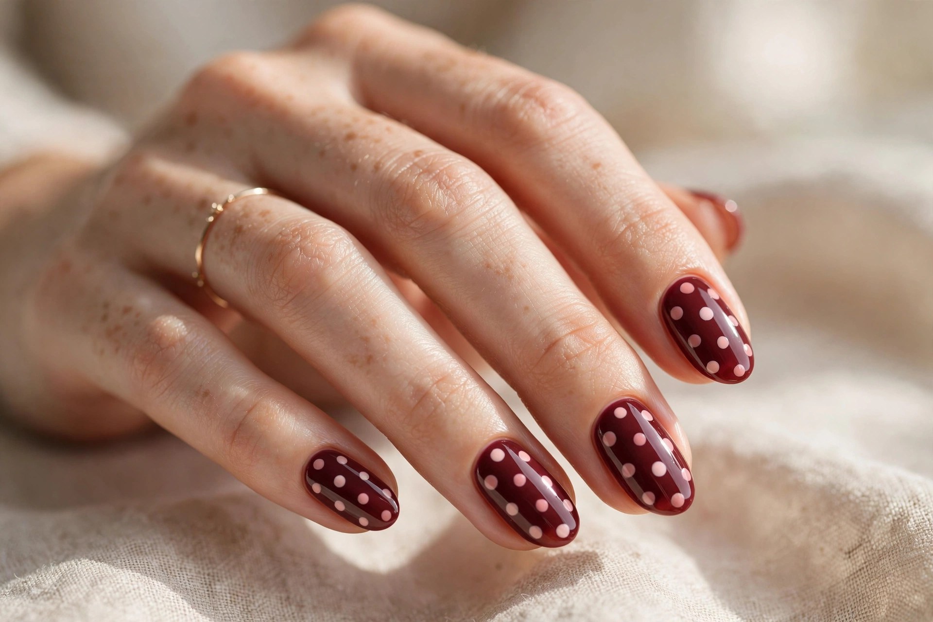 Burgundy nails with blush pink polka dots