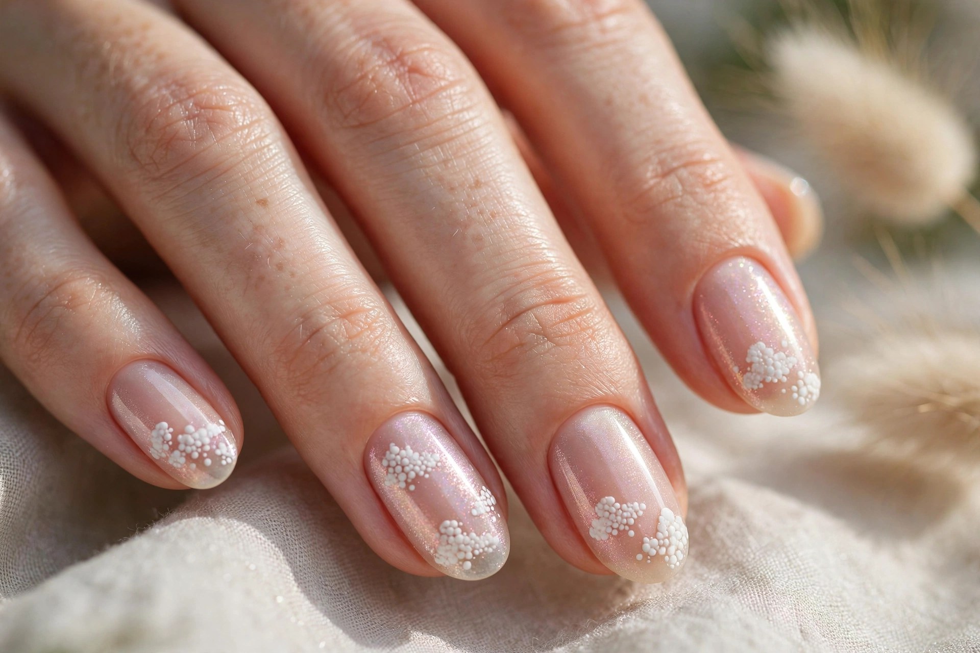Sheer shimmer nails with white cloud-like dot clusters