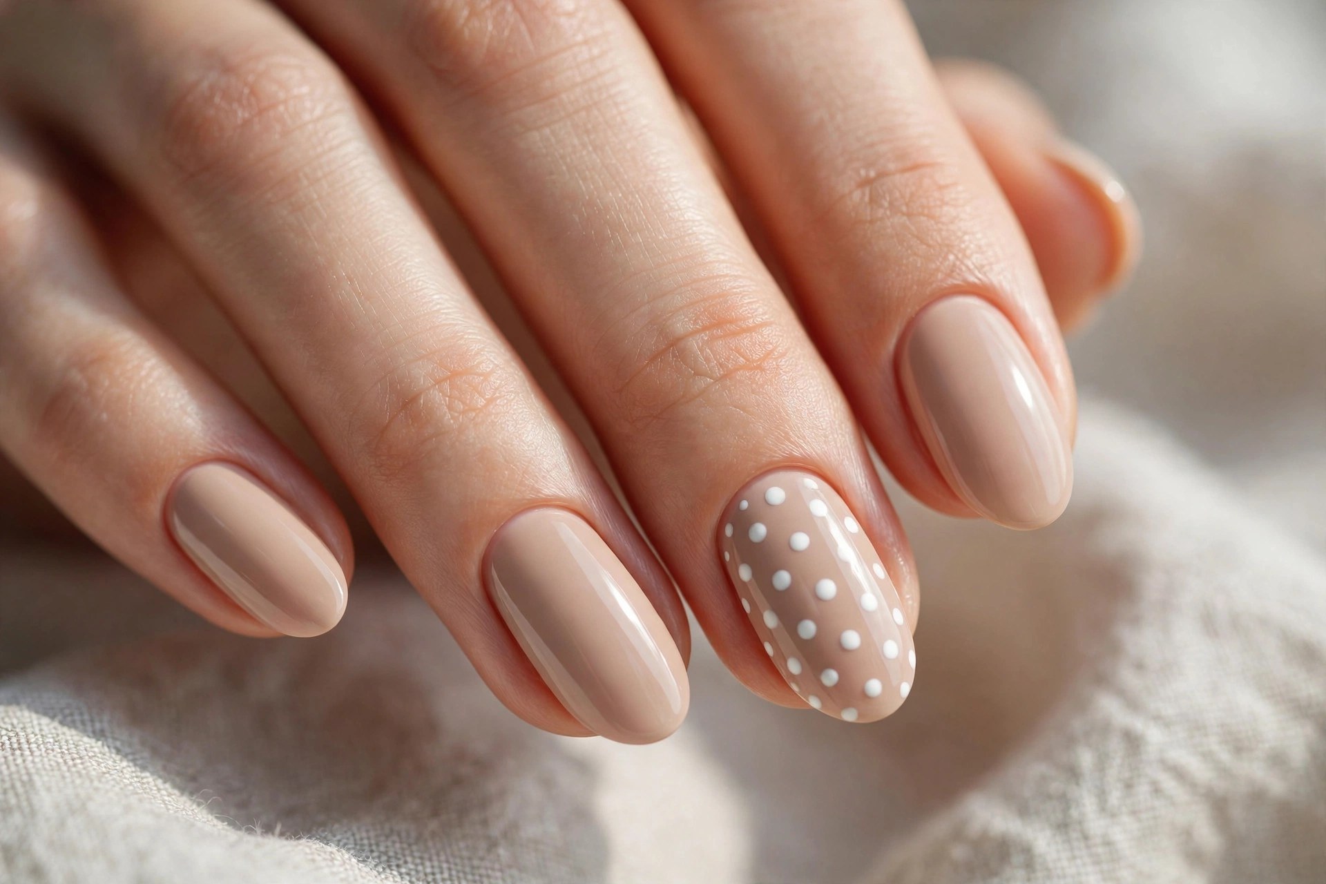 Solid nude nails with one polka dot statement ring finger