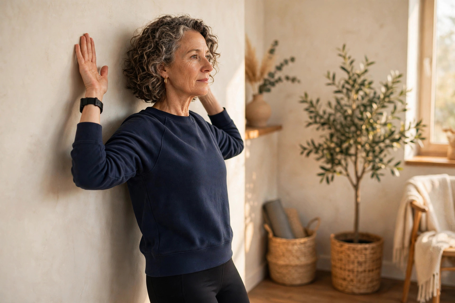 Woman in her 50s doing wall angels