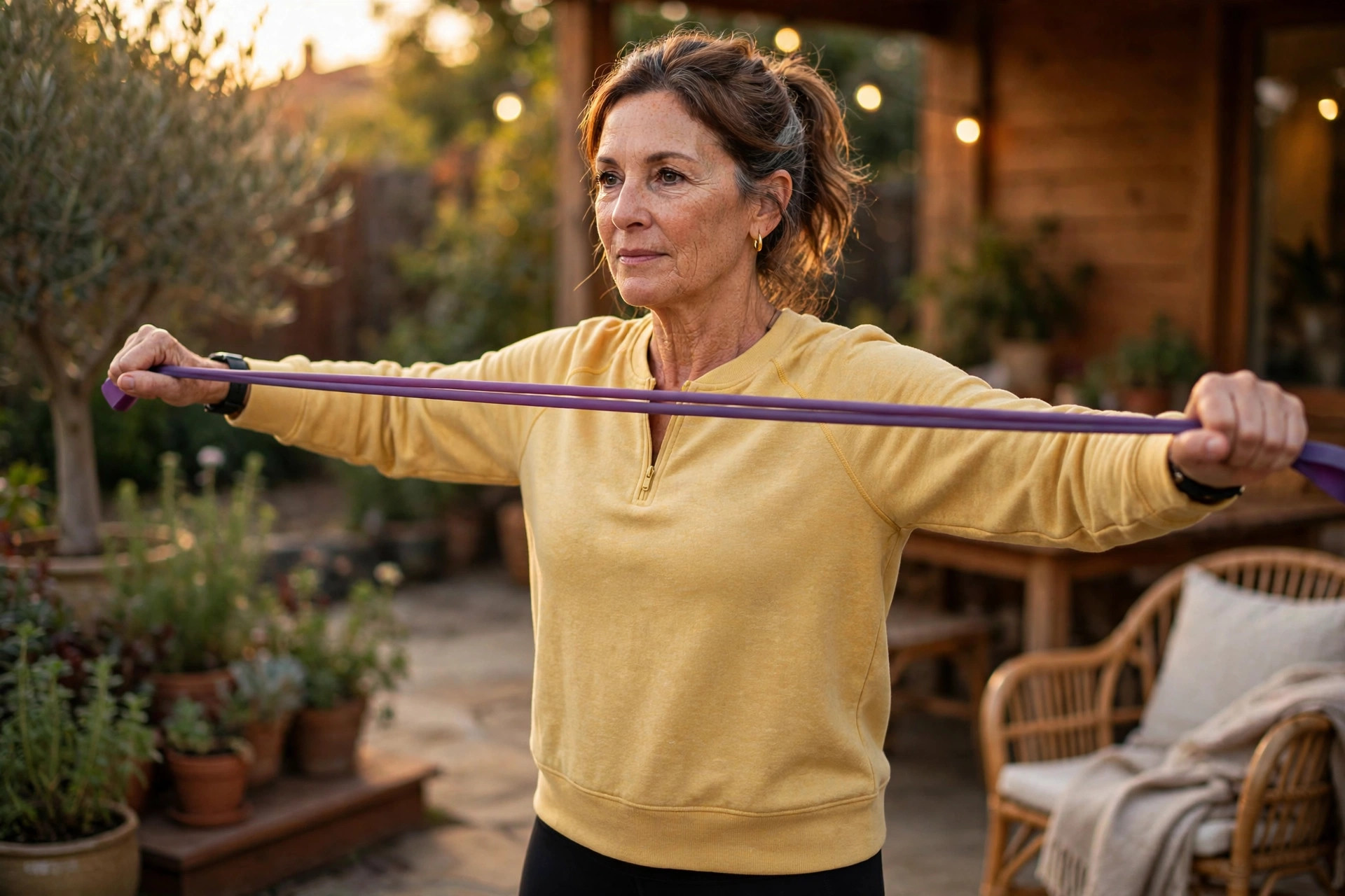 Woman in her 50s doing band pull-aparts
